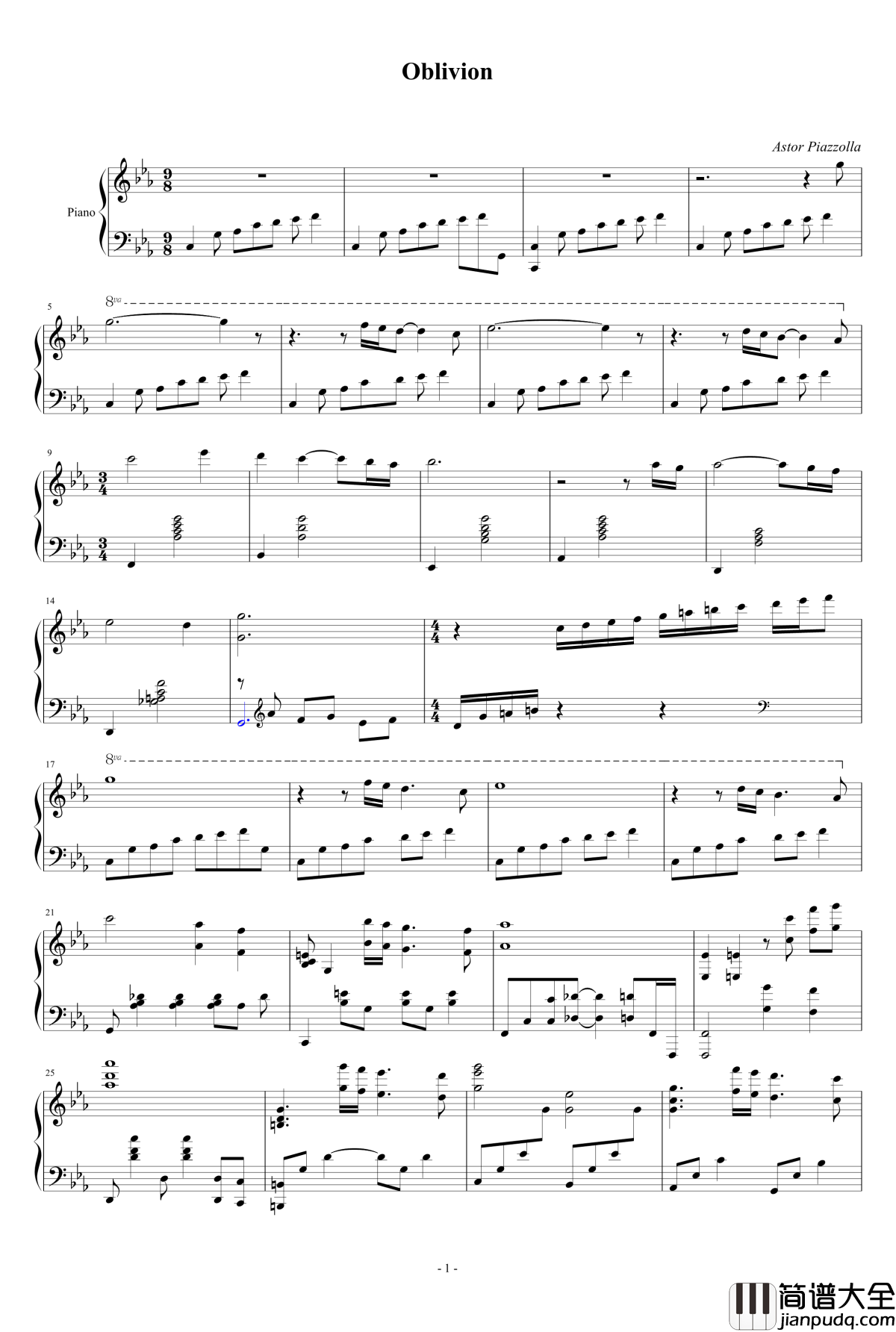 Oblivion钢琴谱_独奏_Astor_Piazzolla