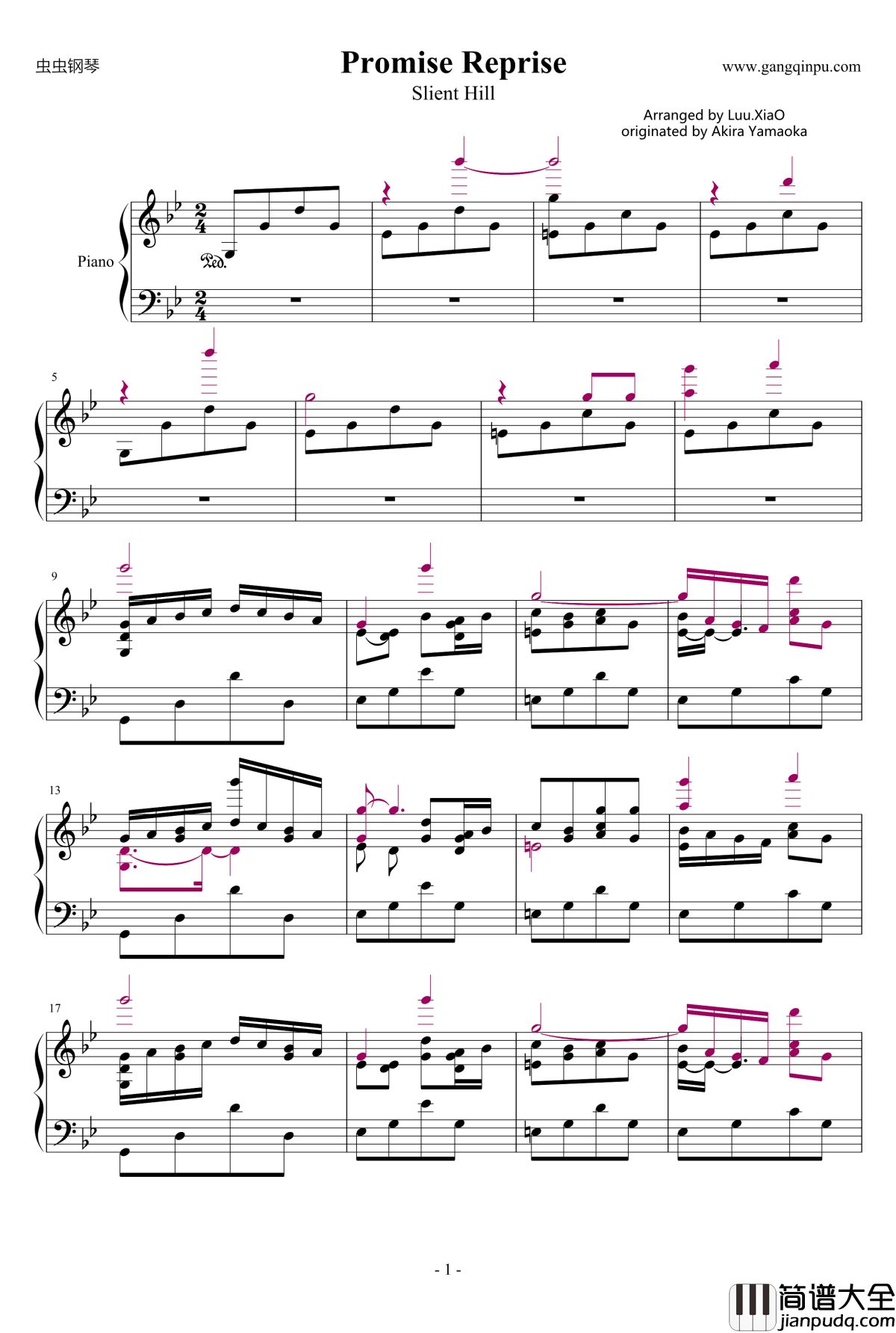 寂静岭背景音乐Promise钢琴谱_Reprise_寂静岭