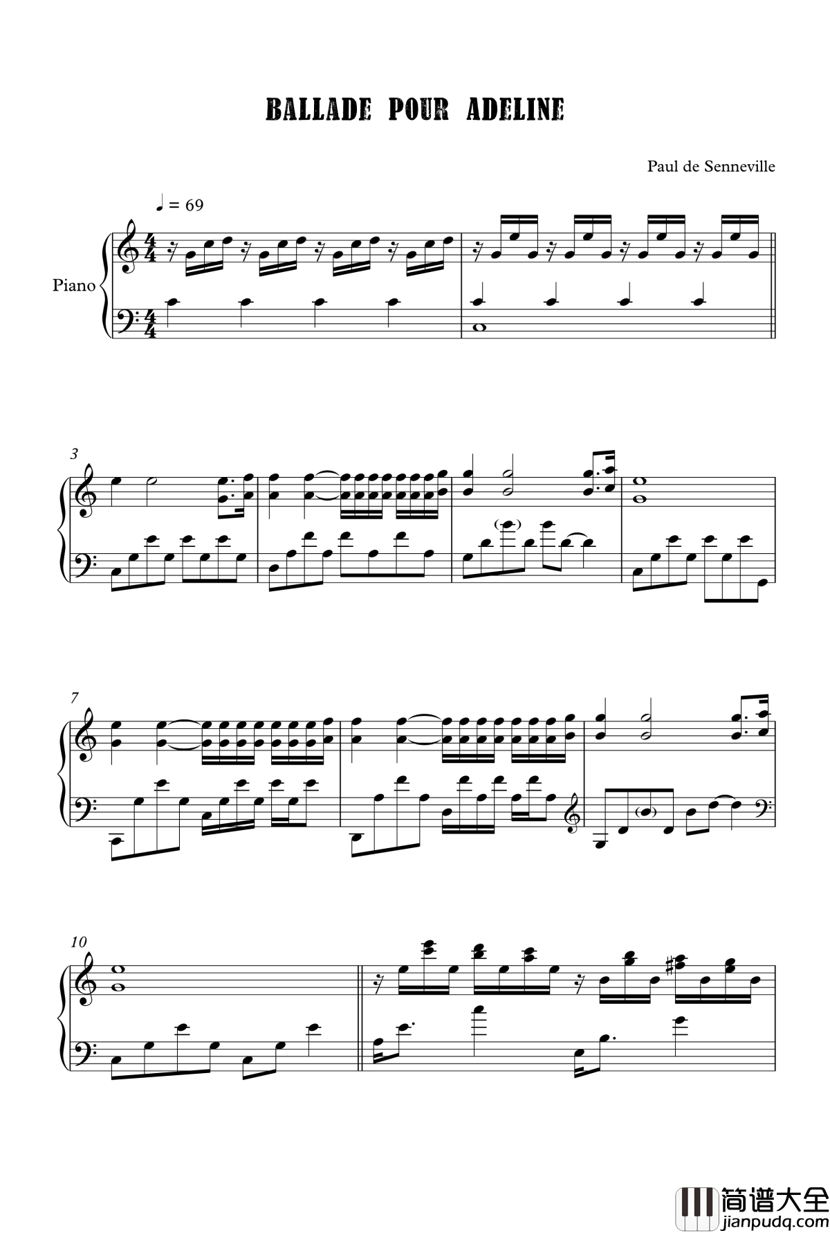 水边的阿狄丽娜钢琴谱_录音室版_克莱德曼