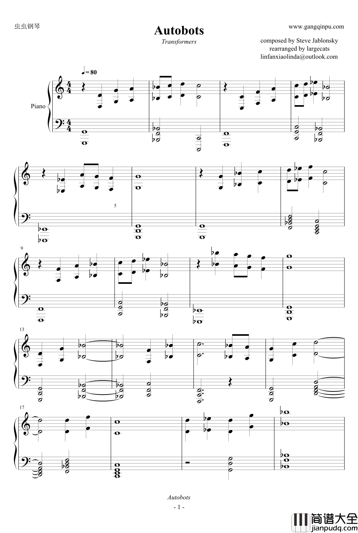 Autobots钢琴谱_变形金刚1OST_变形金刚