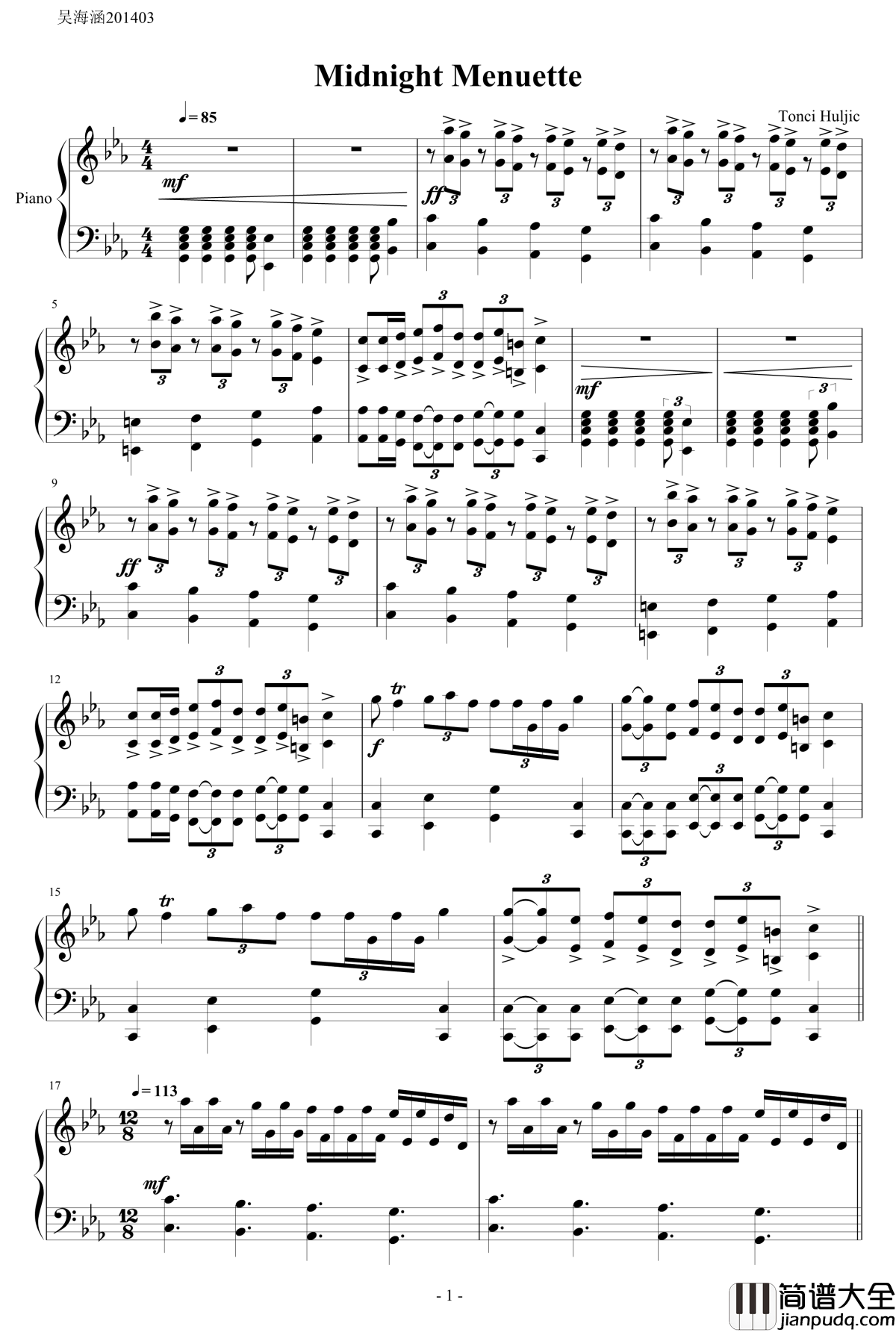 午夜小步舞曲钢琴谱_Midnight_Menuette_马克西姆maksim&赫吉克_Tonci_Huljic_2