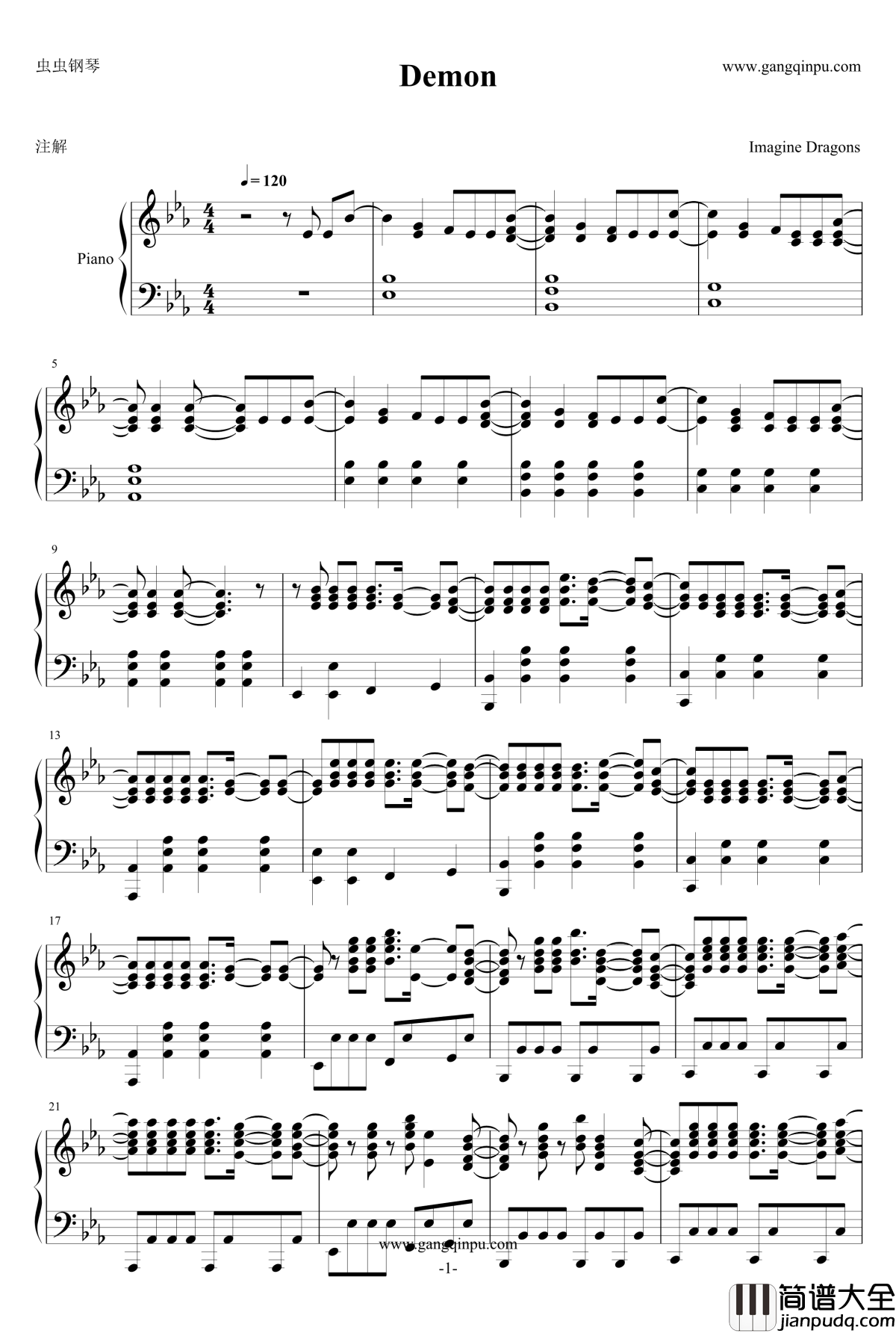Demons钢琴谱_Imagine_Dragons