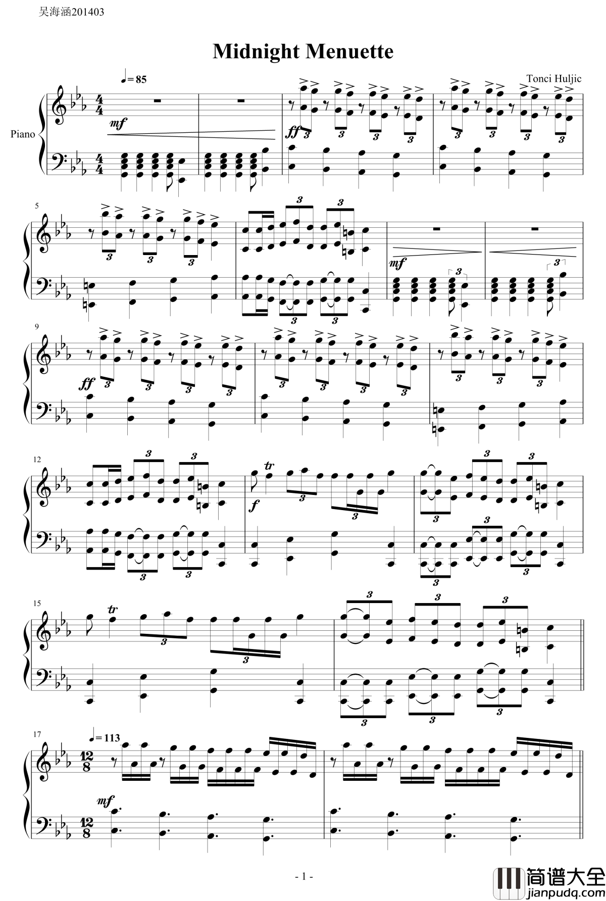 午夜小步舞曲钢琴谱_Midnight_Menuette_马克西姆maksim&赫吉克_Tonci_Huljic