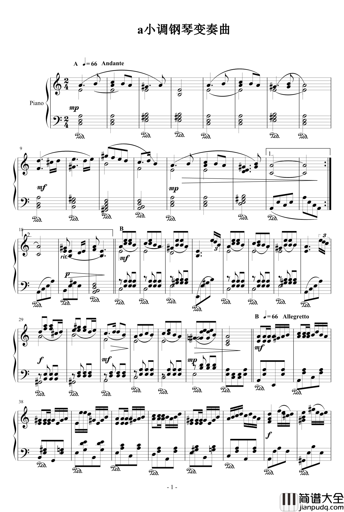 a小调钢琴变奏曲钢琴谱_[秦怡东作曲]_心之音