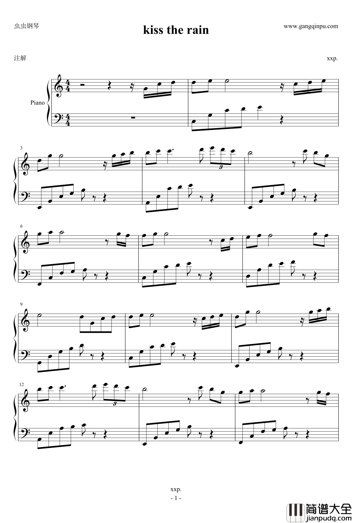 kiss_the_rain钢琴谱_初学者简易完整版_Yiruma
