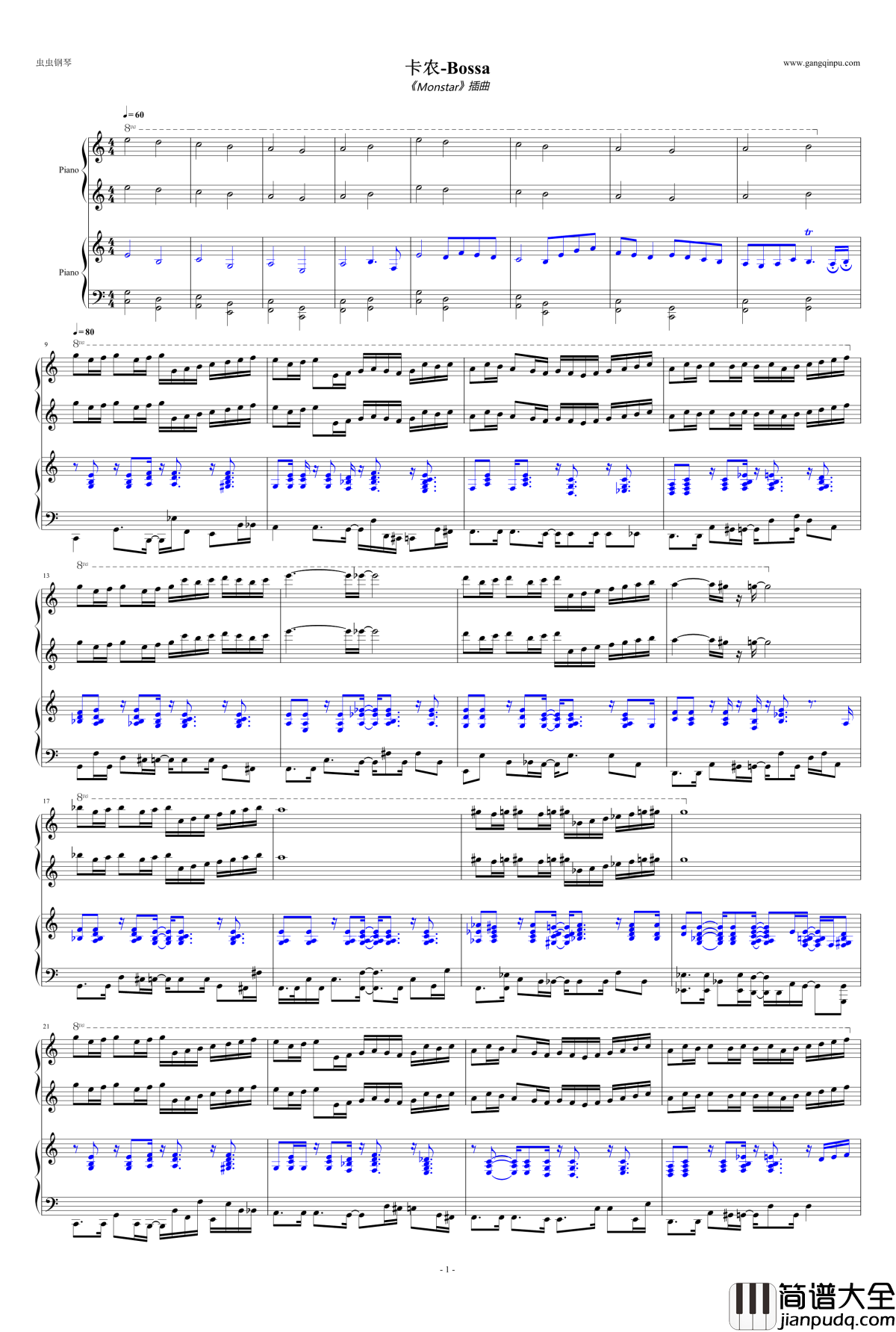 Bossa卡农钢琴谱_四手连弹_帕赫贝尔_Pachelbel