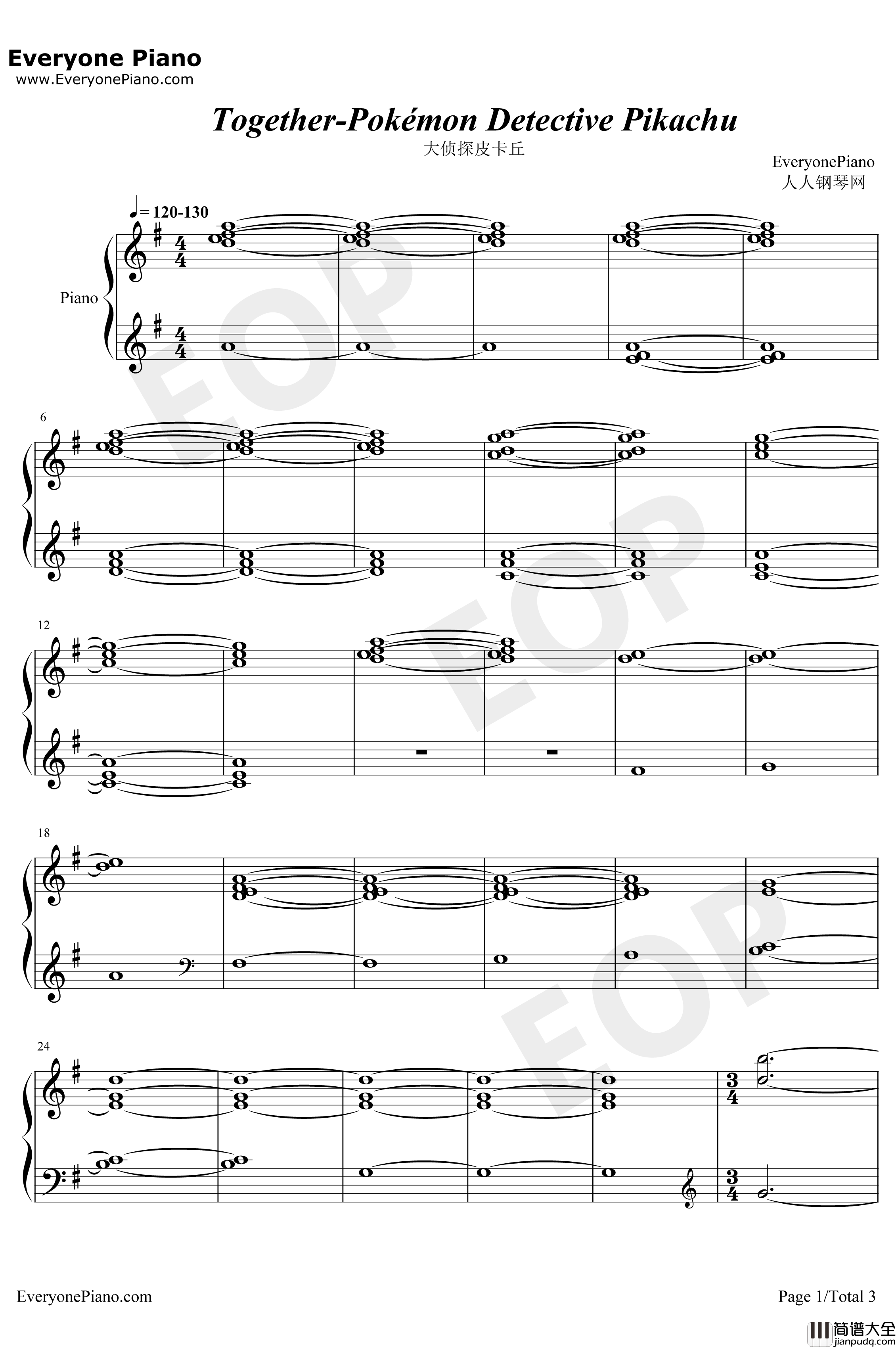 Together钢琴谱_HenryJackman_大侦探皮卡丘OST