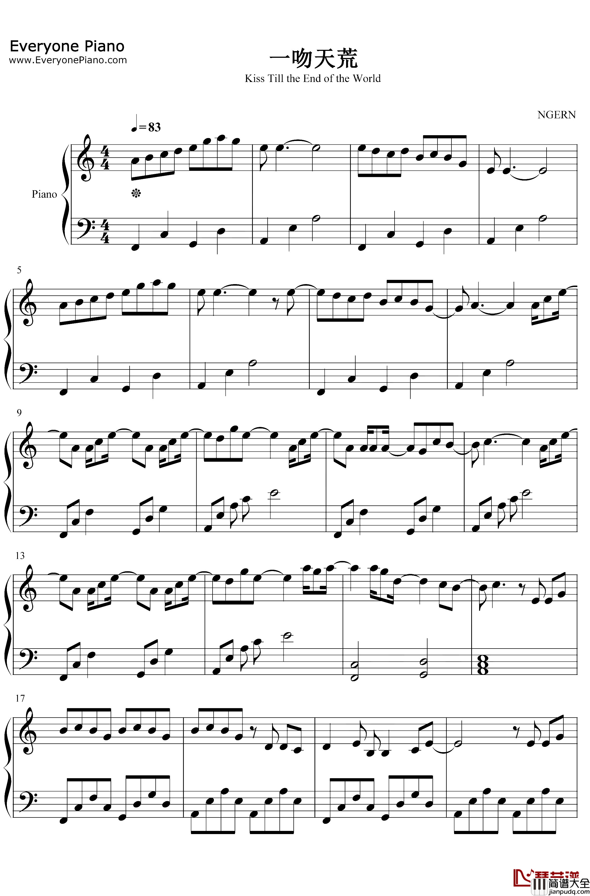 一吻天荒钢琴谱_胡歌_C调简单版_轩辕剑之天之痕片头曲