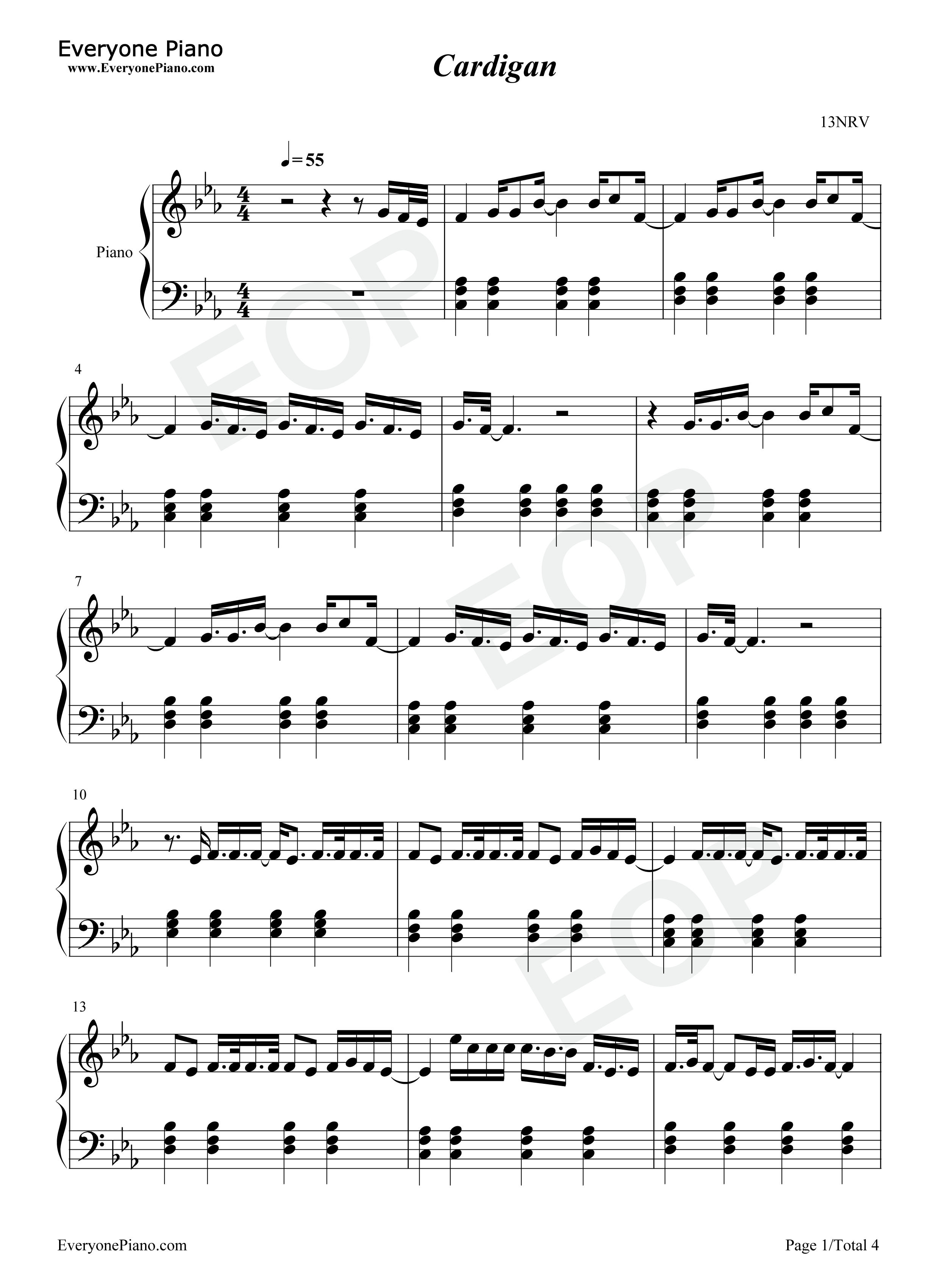 Cardigan钢琴谱_Taylor_Swift