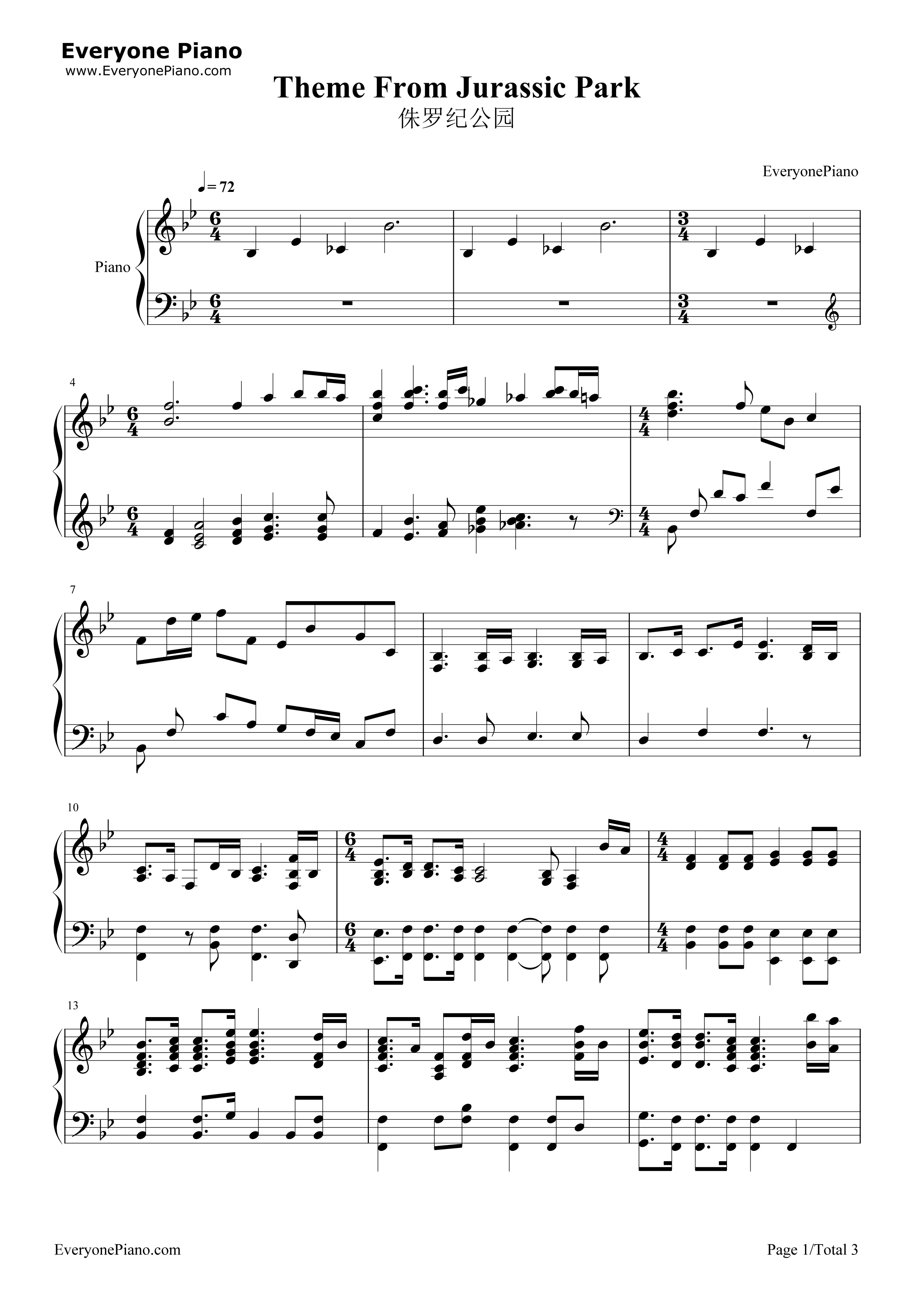 Jurassic_Park_Main_Theme钢琴谱_John_Williams