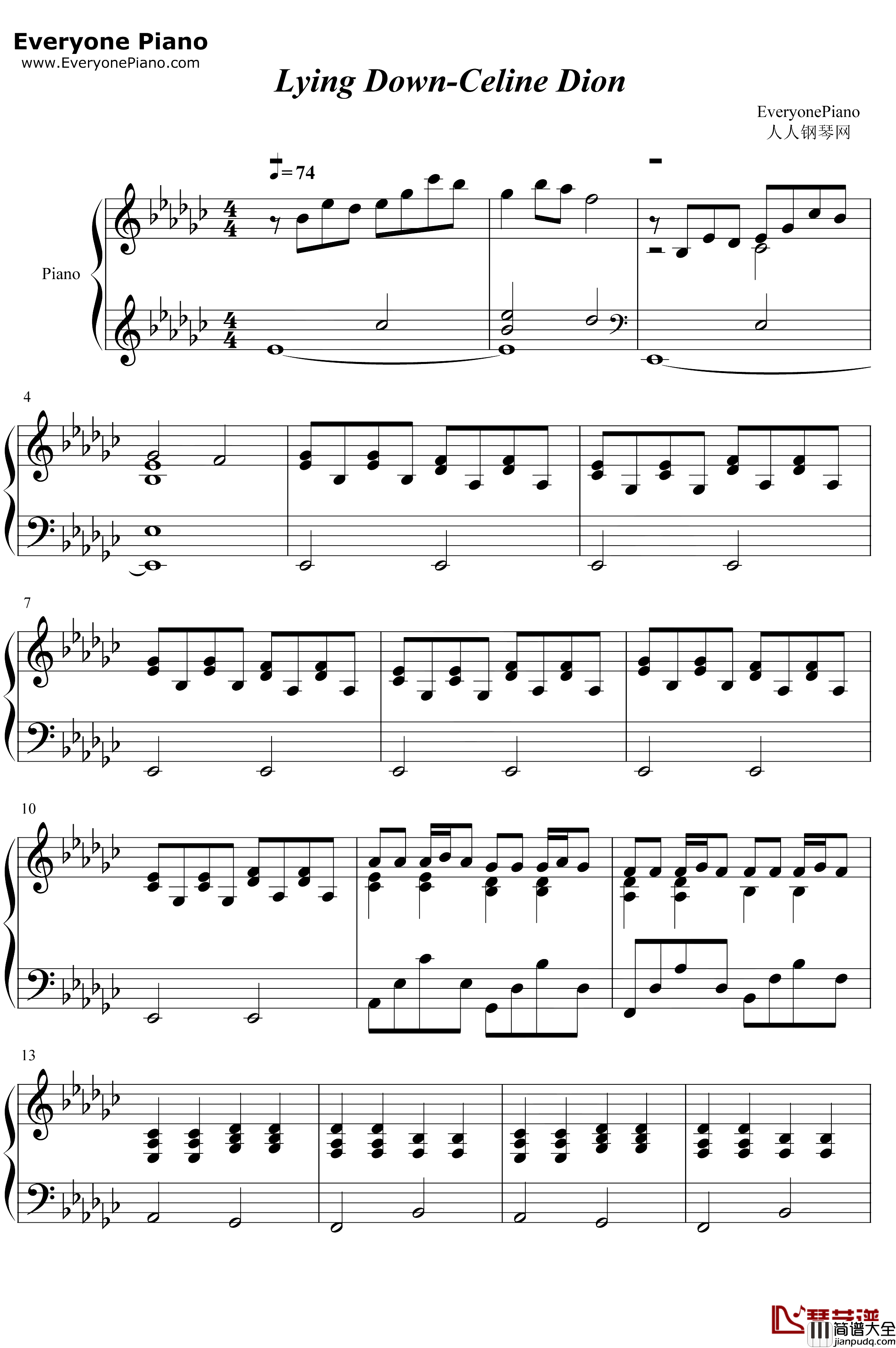 Lying_Down钢琴谱_CelineDion_伴奏谱