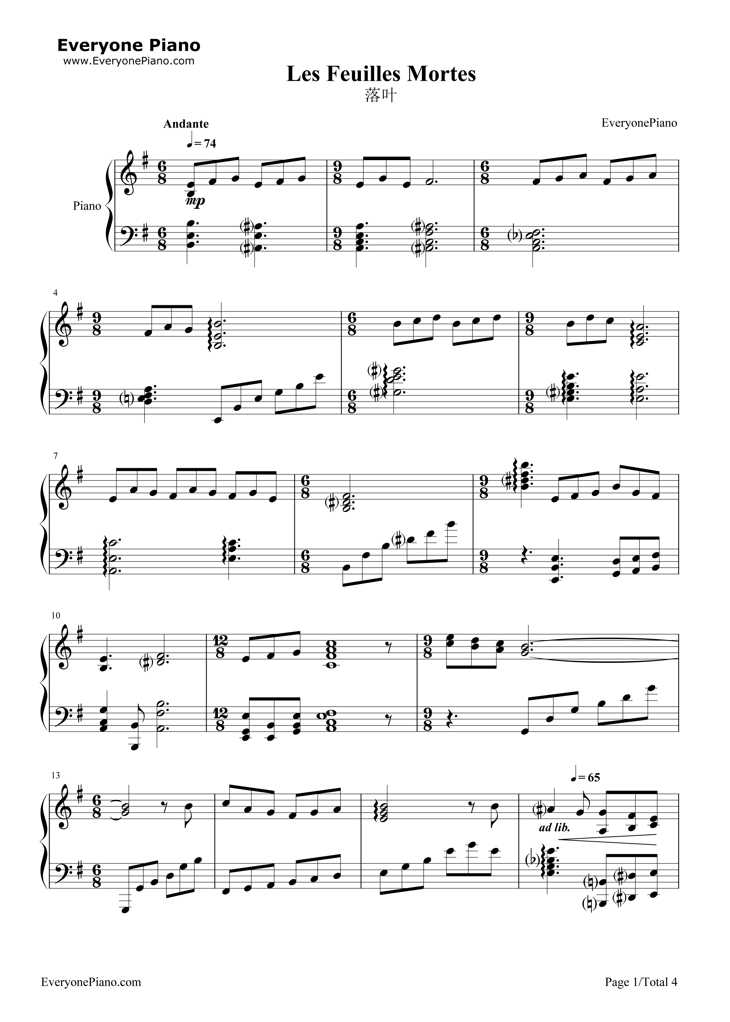 落叶_Les_Feuilles_Mortes钢琴谱_理查德克莱德曼