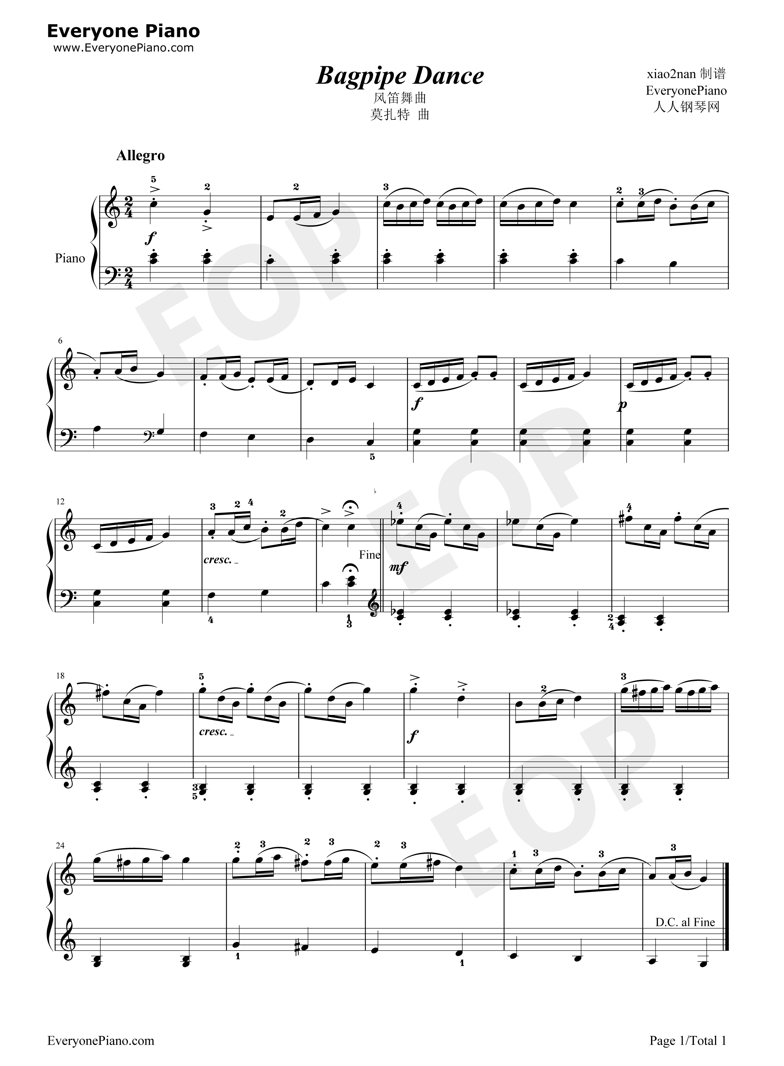 风笛舞曲钢琴谱_莫扎特__Mozart