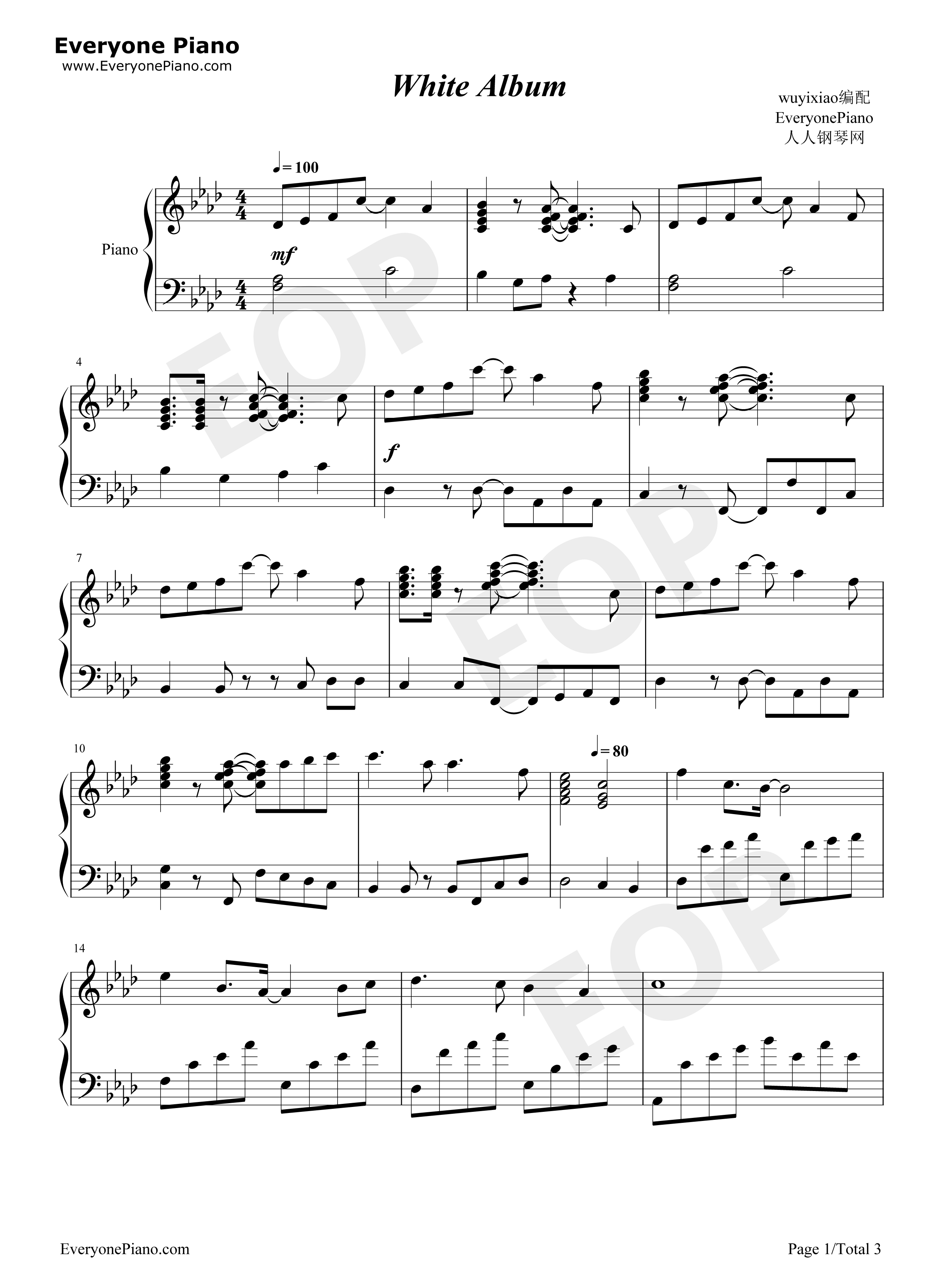 white_album钢琴谱_森川由绮(CV:平野绫)