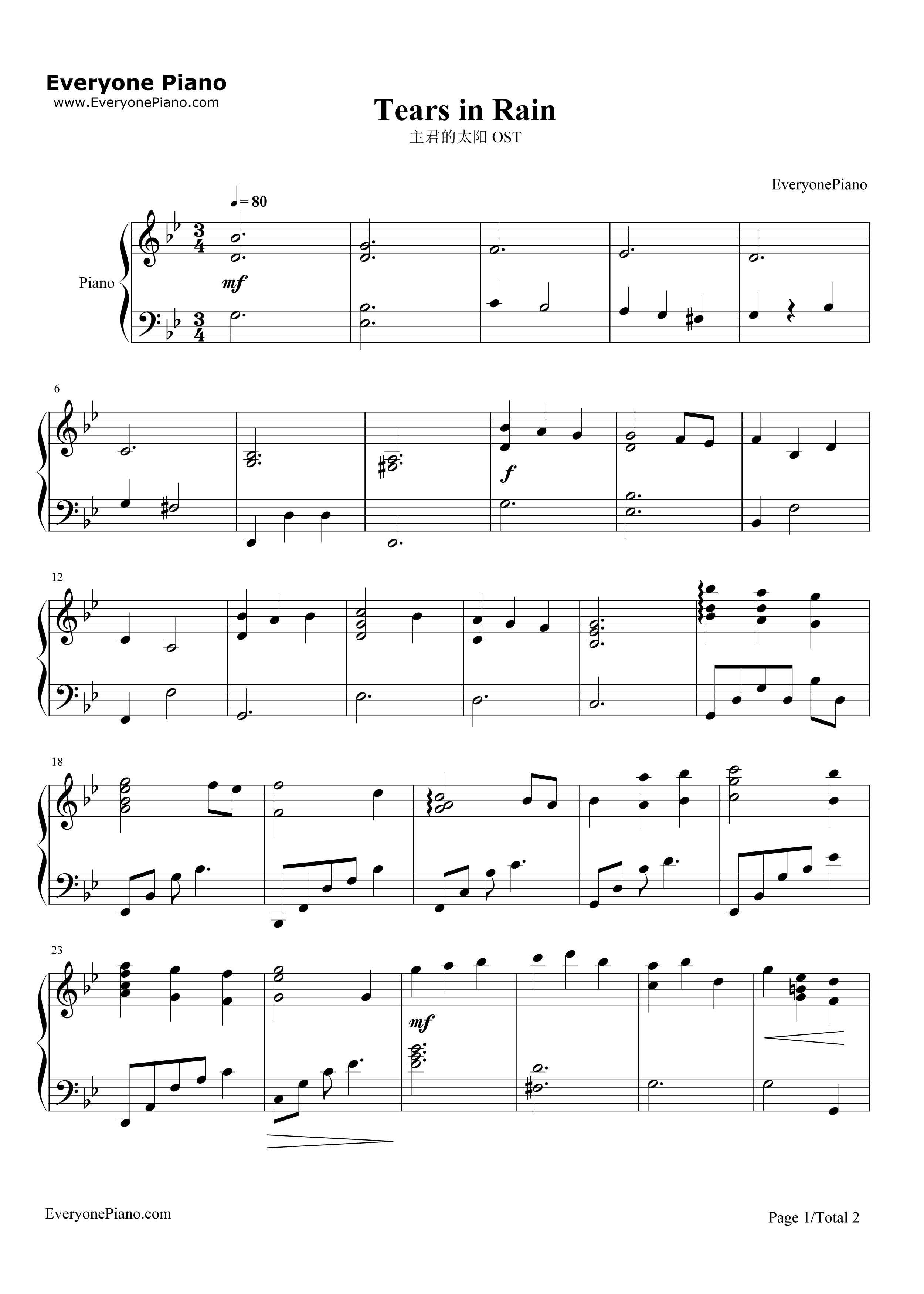 Tears_In_Rain钢琴谱_主君的太阳