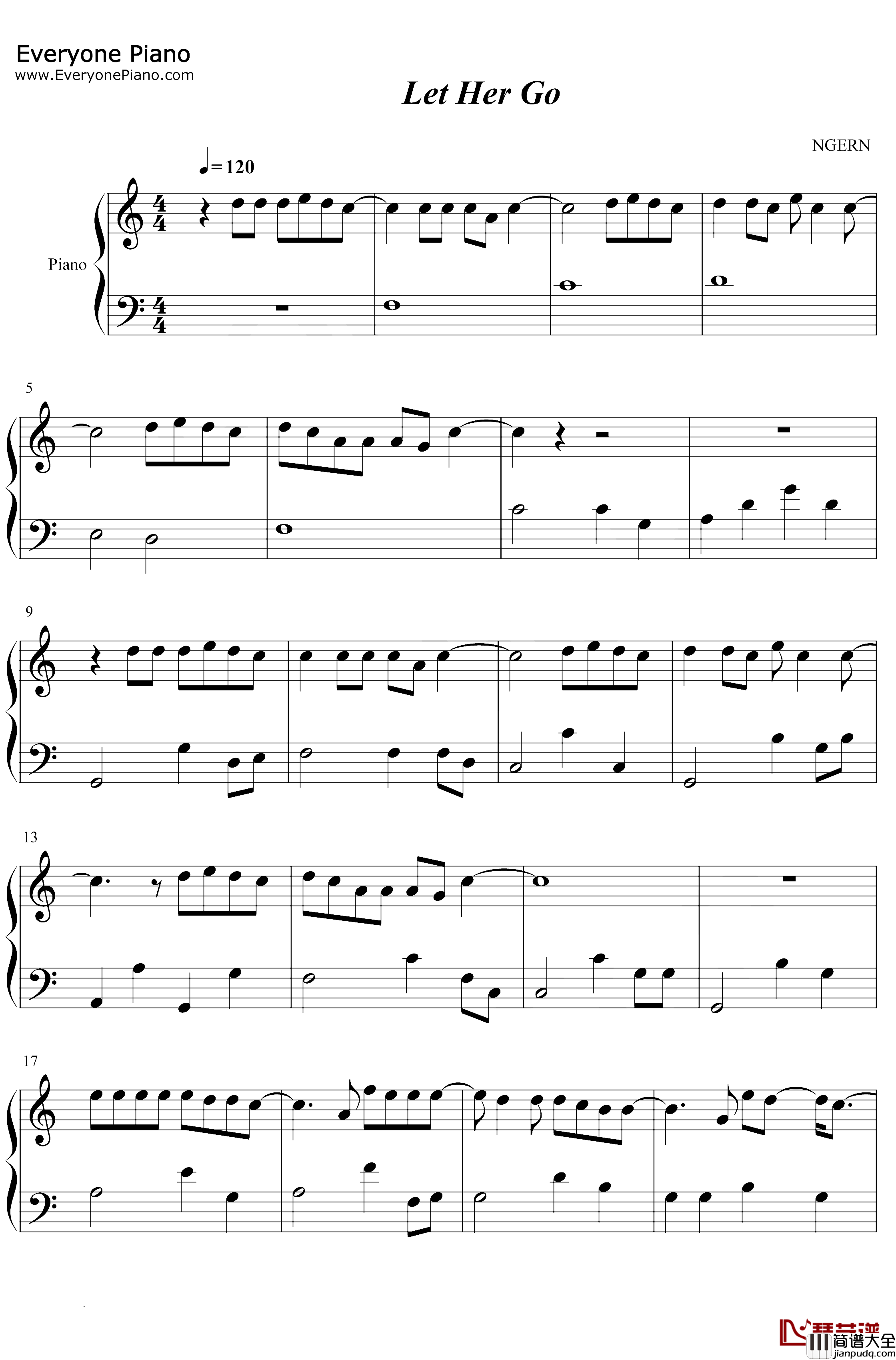 Let_Her_Go钢琴谱_Passenger_C调简单版