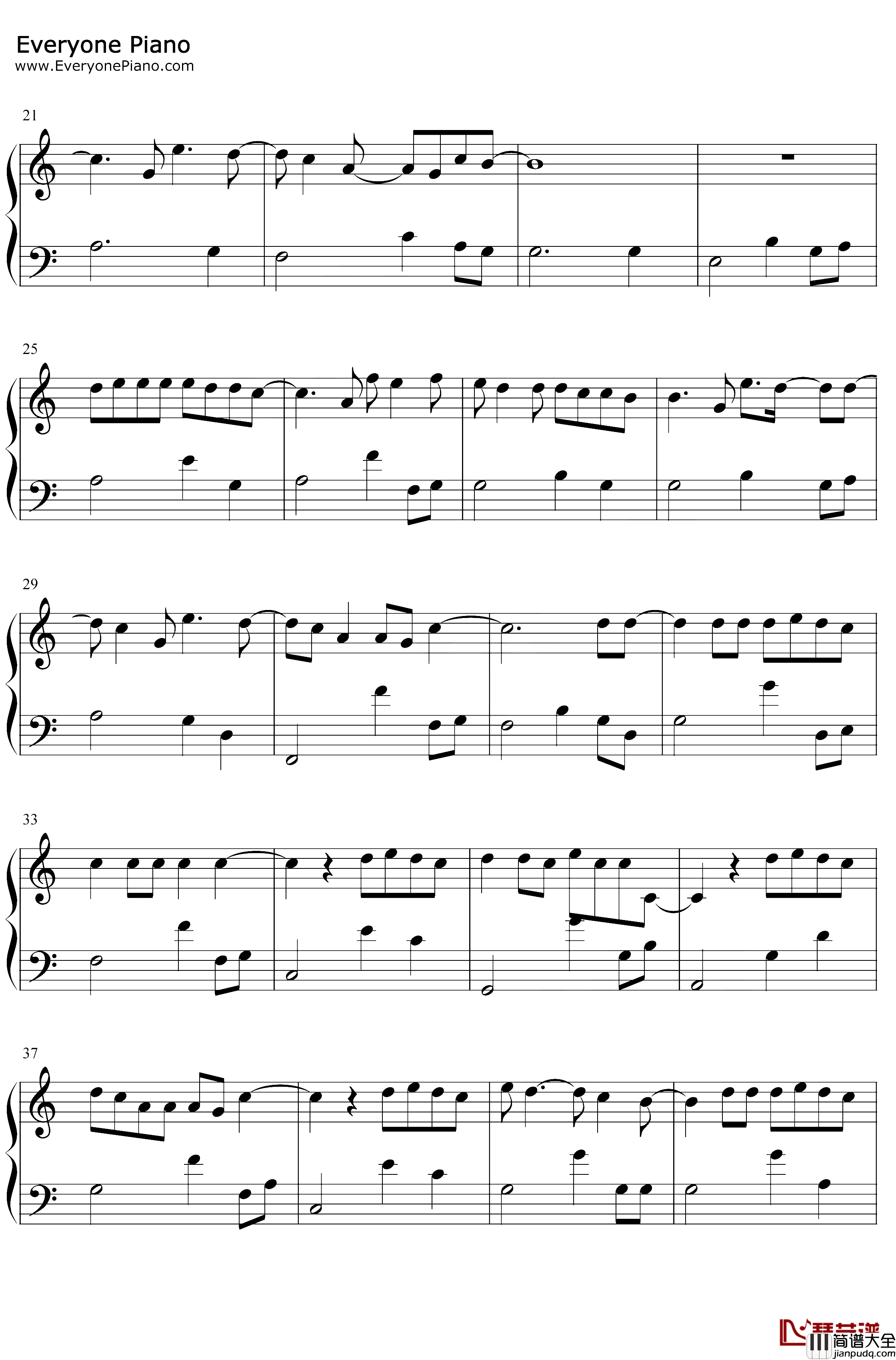 Let_Her_Go钢琴谱_Passenger_C调简单版