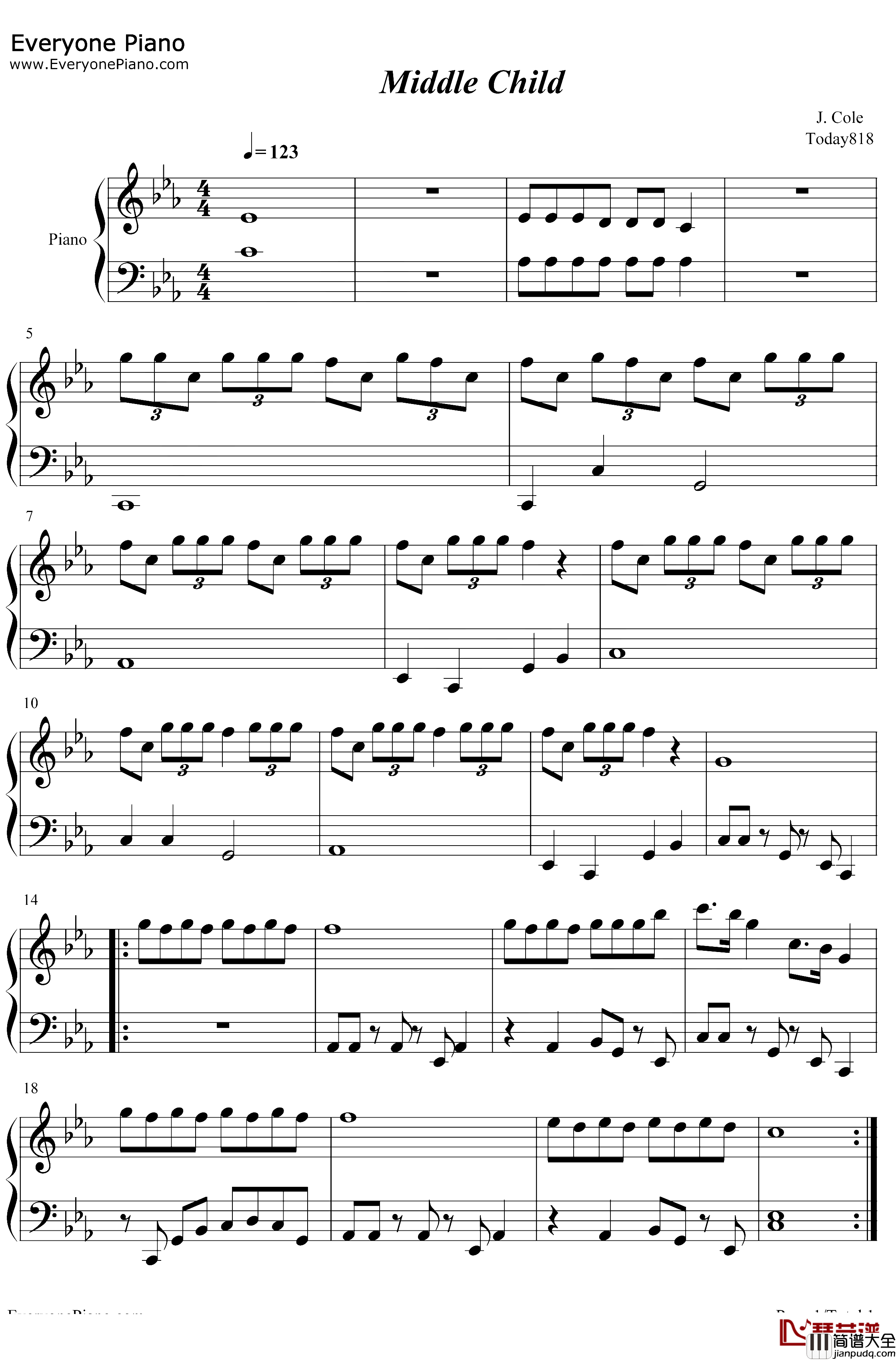 MiddleChild钢琴谱_J.Cole