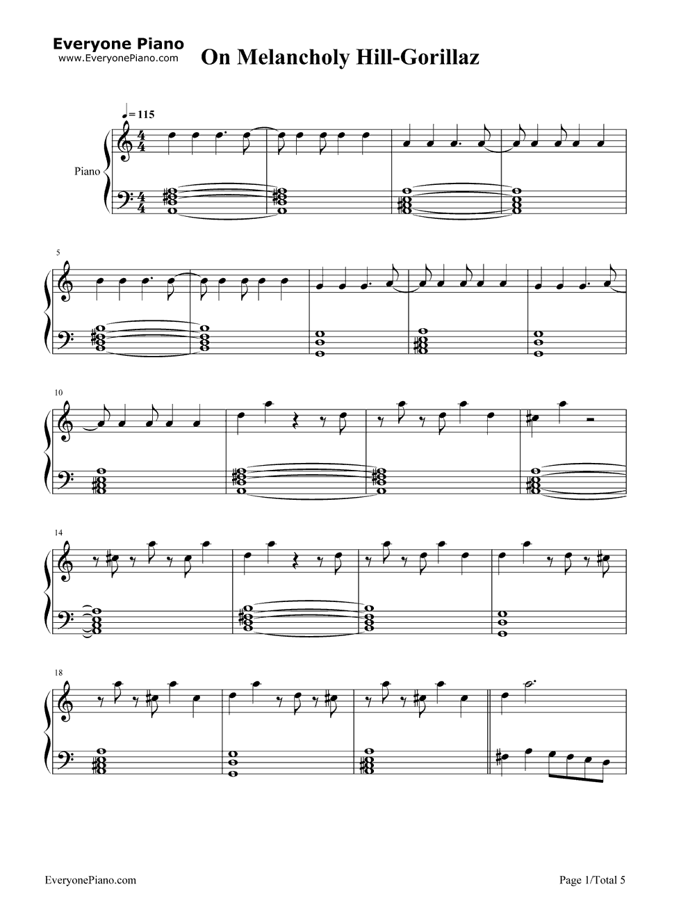 On_Melancholy_Hill钢琴谱_Gorillaz