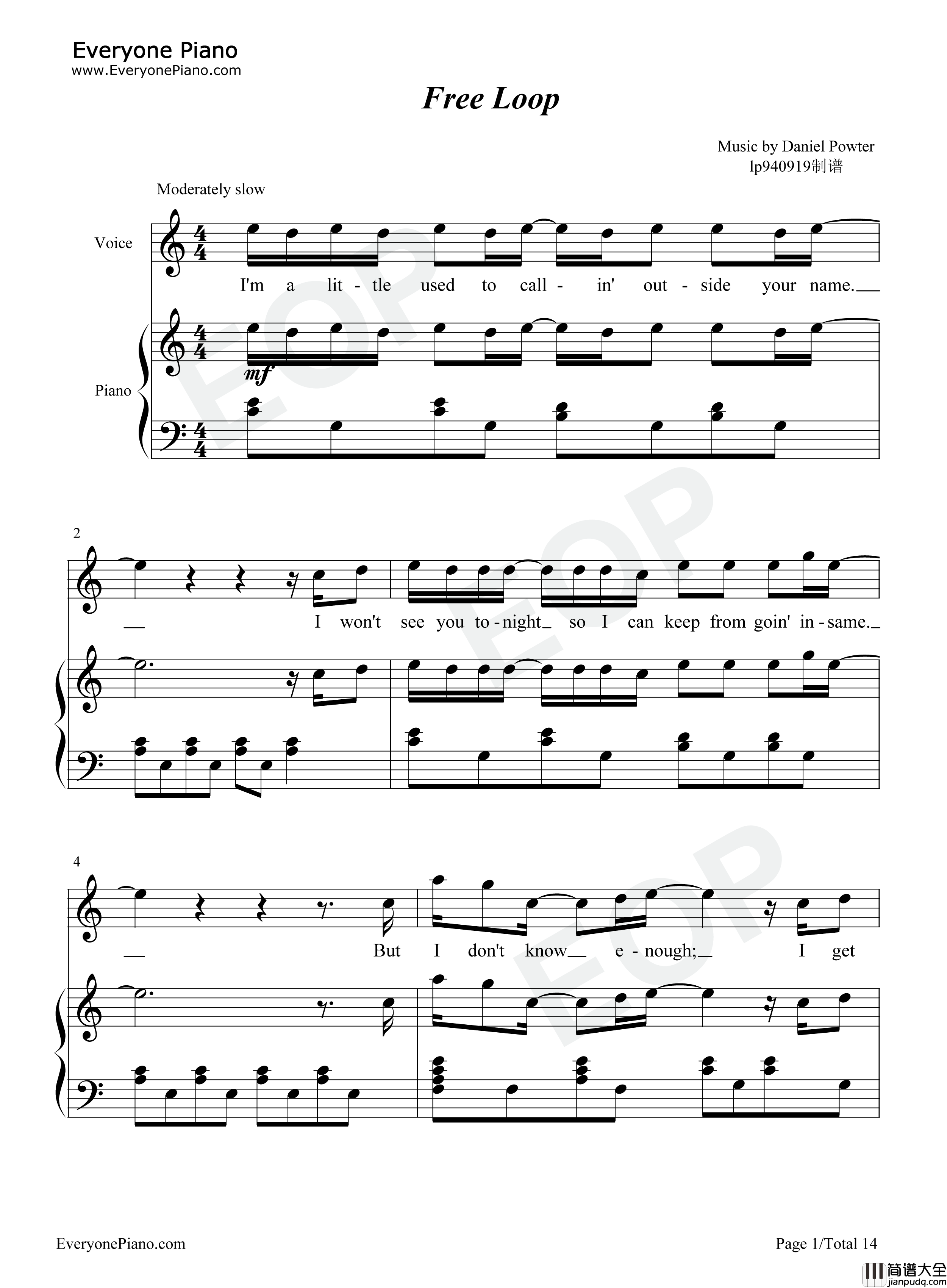 Free_Loop欧美经典钢琴谱_丹尼尔·波特__Daniel_Richard_Powter