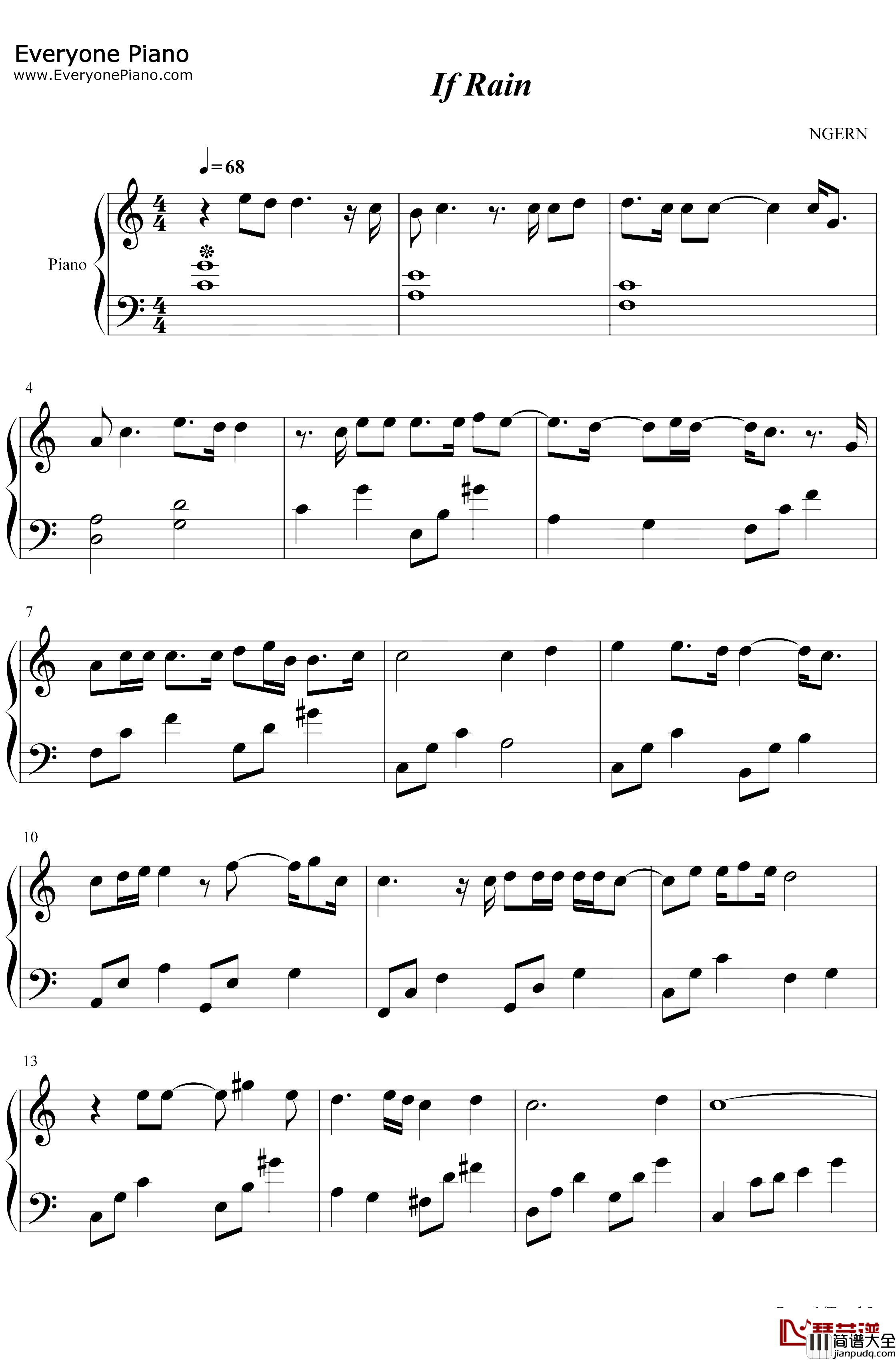 If_Rain钢琴谱_萨吉_C调简单版_以家人之名插曲
