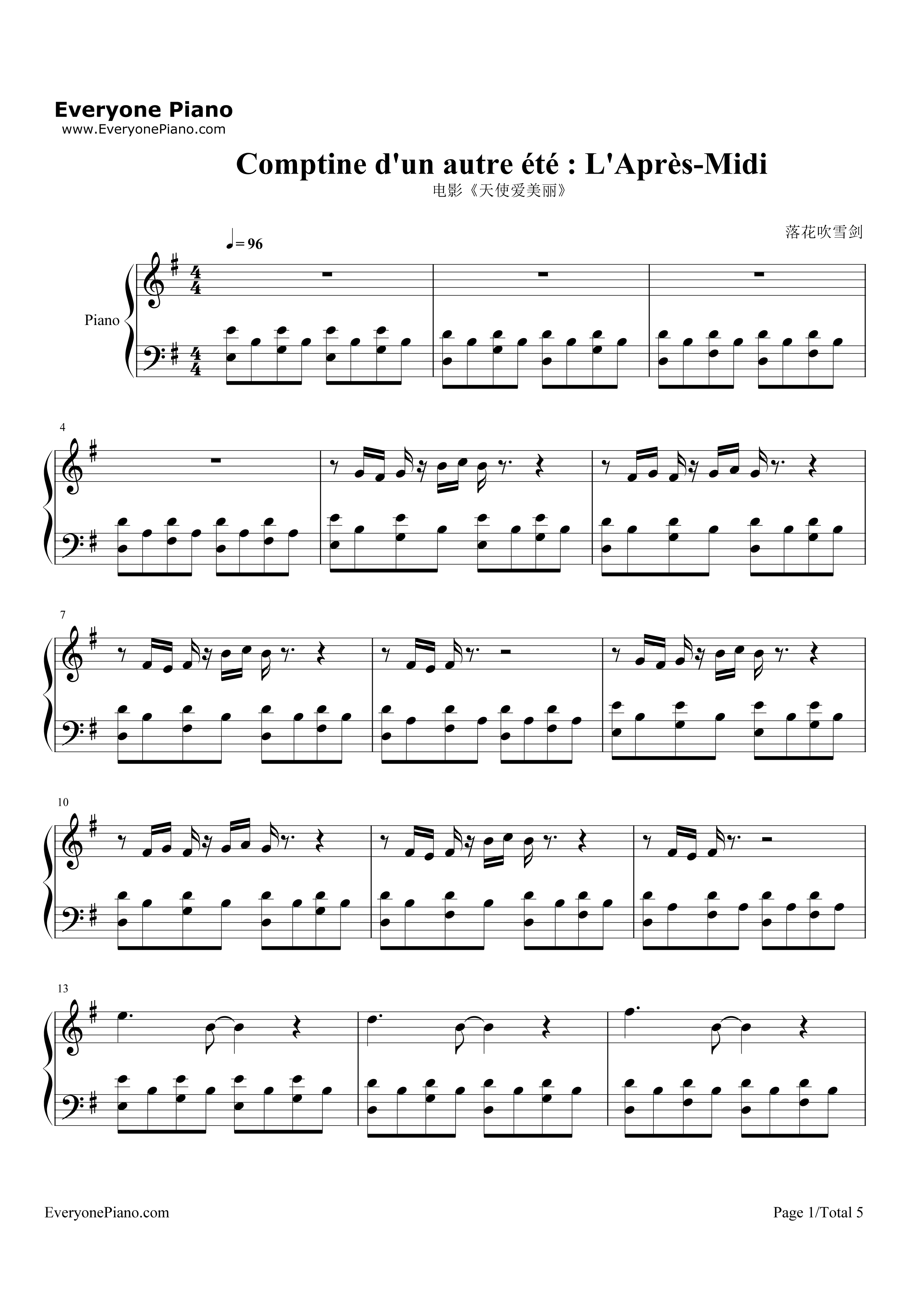 _天使爱美丽_主题曲钢琴谱_Yann_Tiersen