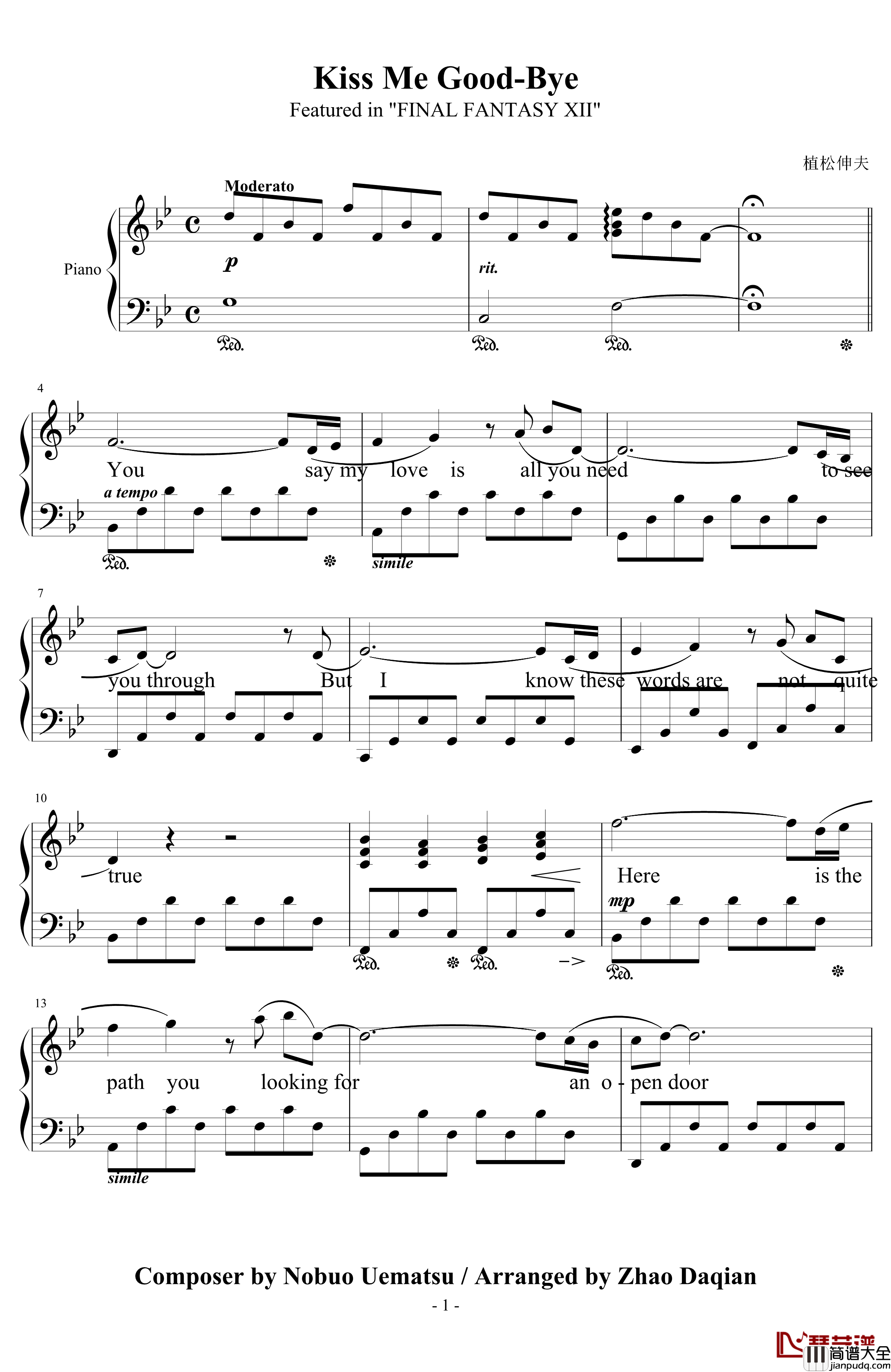 Kiss_Me_Good_Bye钢琴谱_最终幻想12主题曲_Angela_Aki