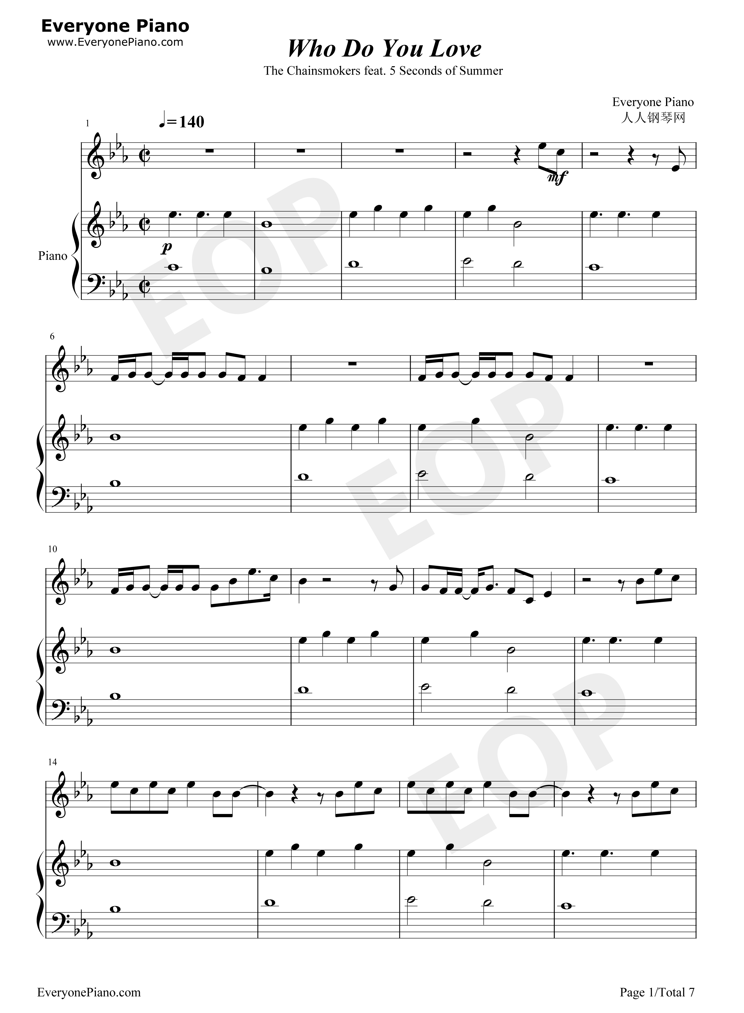 Who_Do_You_Love钢琴谱_The_Chainsmokers_5_Seconds_of_Summer
