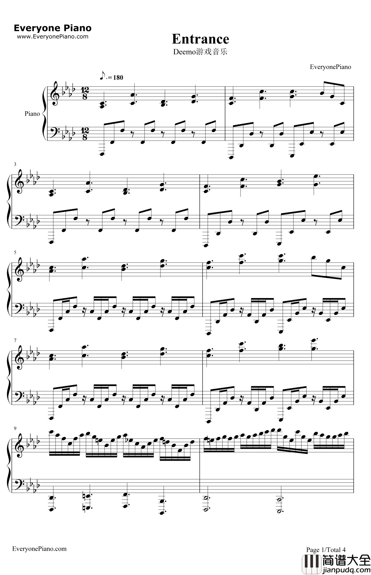 Entrance钢琴谱_Ice_Deemo游戏音乐