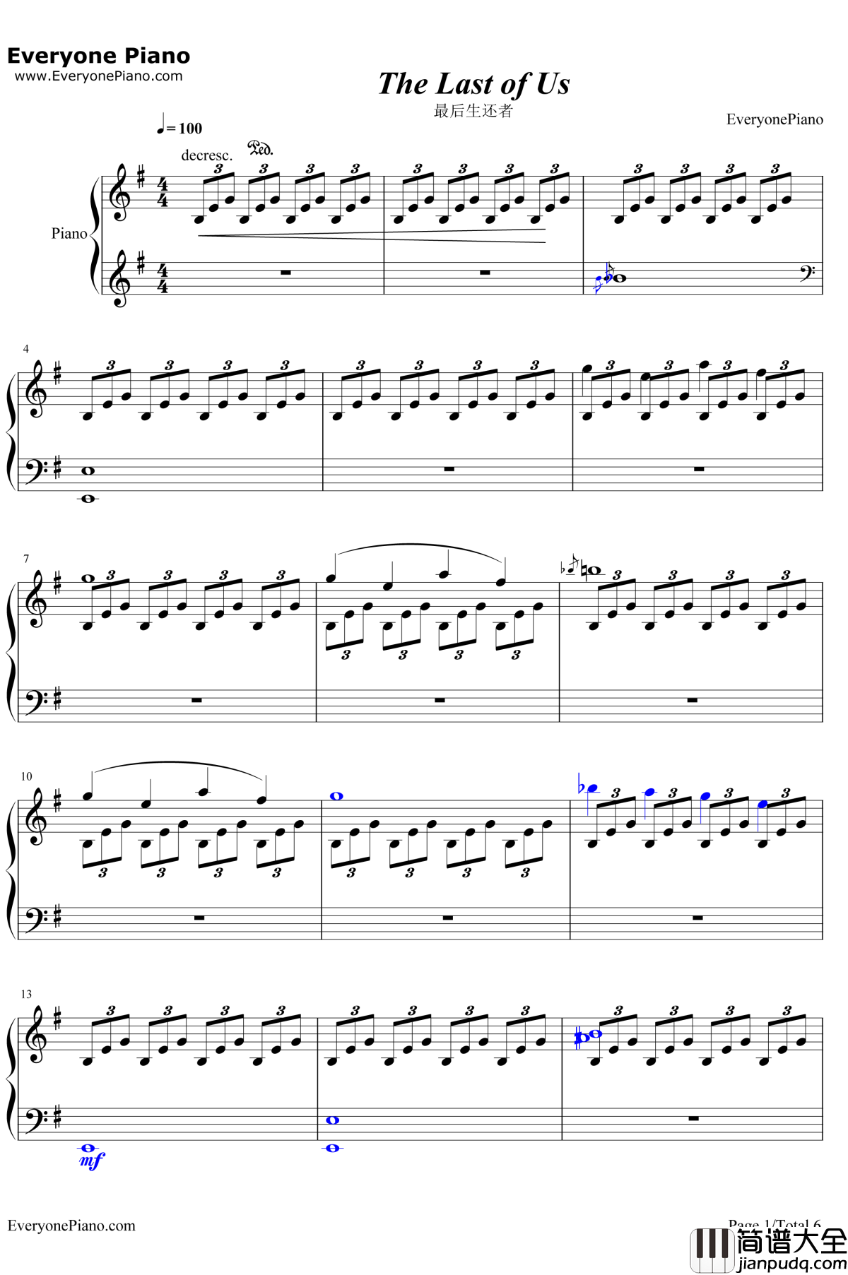 The_Last_of_Us钢琴谱_GustavoSantaolalla__美国末日_主题钢琴曲