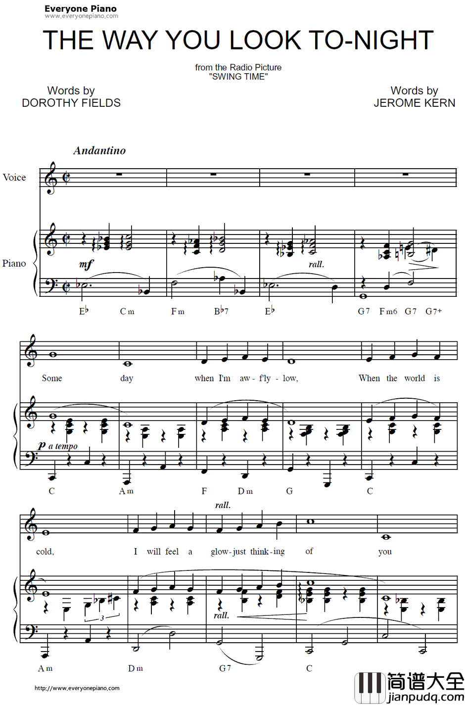 The_Way_You_Look_Tonight钢琴谱_JeromeKern_欢乐时光OST