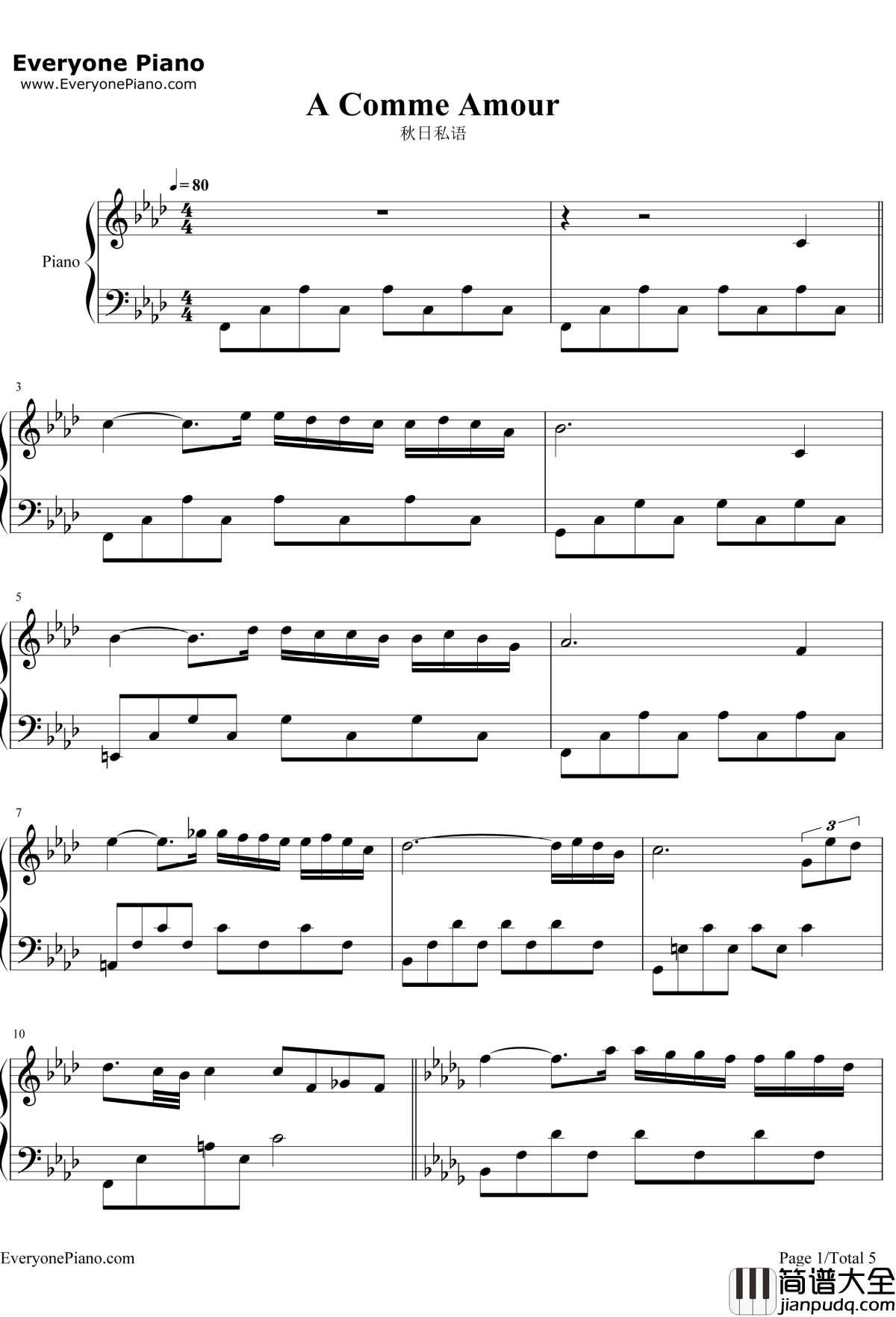 秋日私语钢琴谱_理查德·克莱德曼RichardClayderman_ACommeAmour