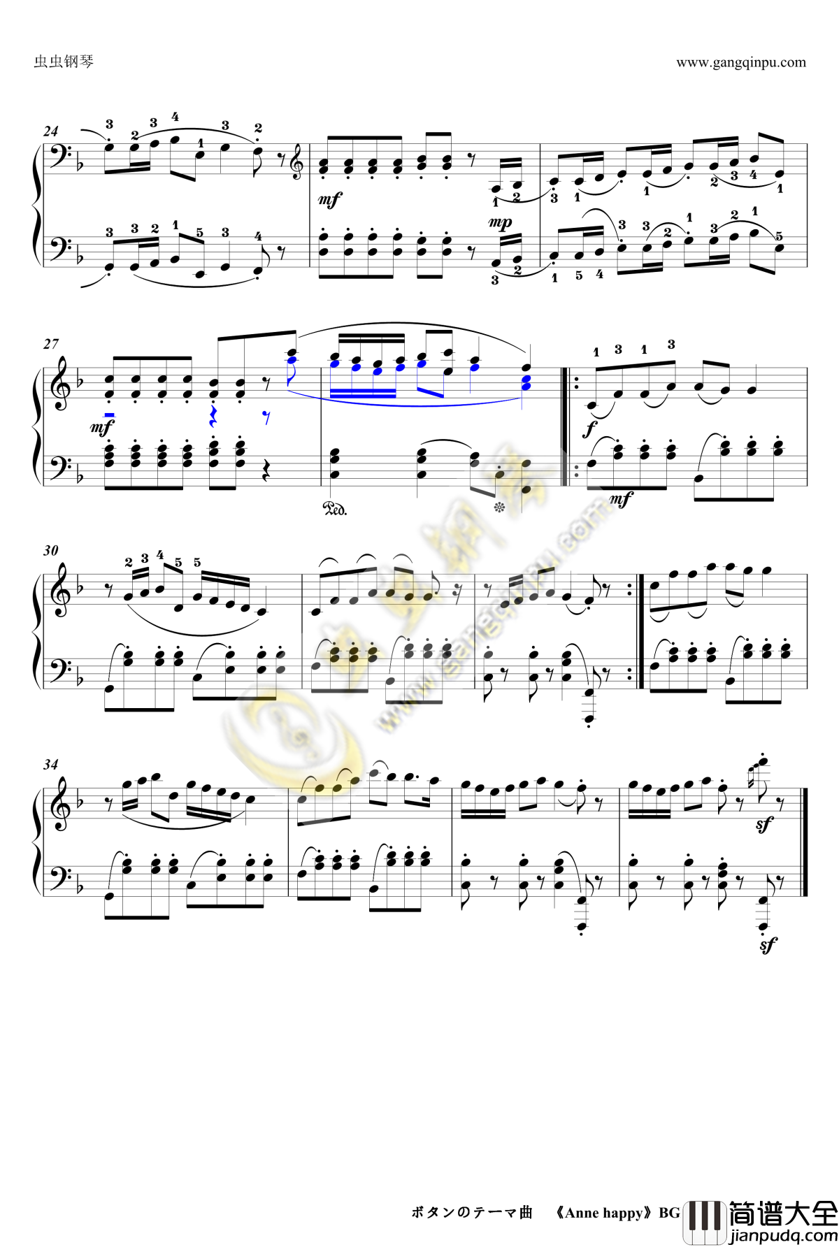 ボタンのテーマ曲钢琴谱_Anne_happy