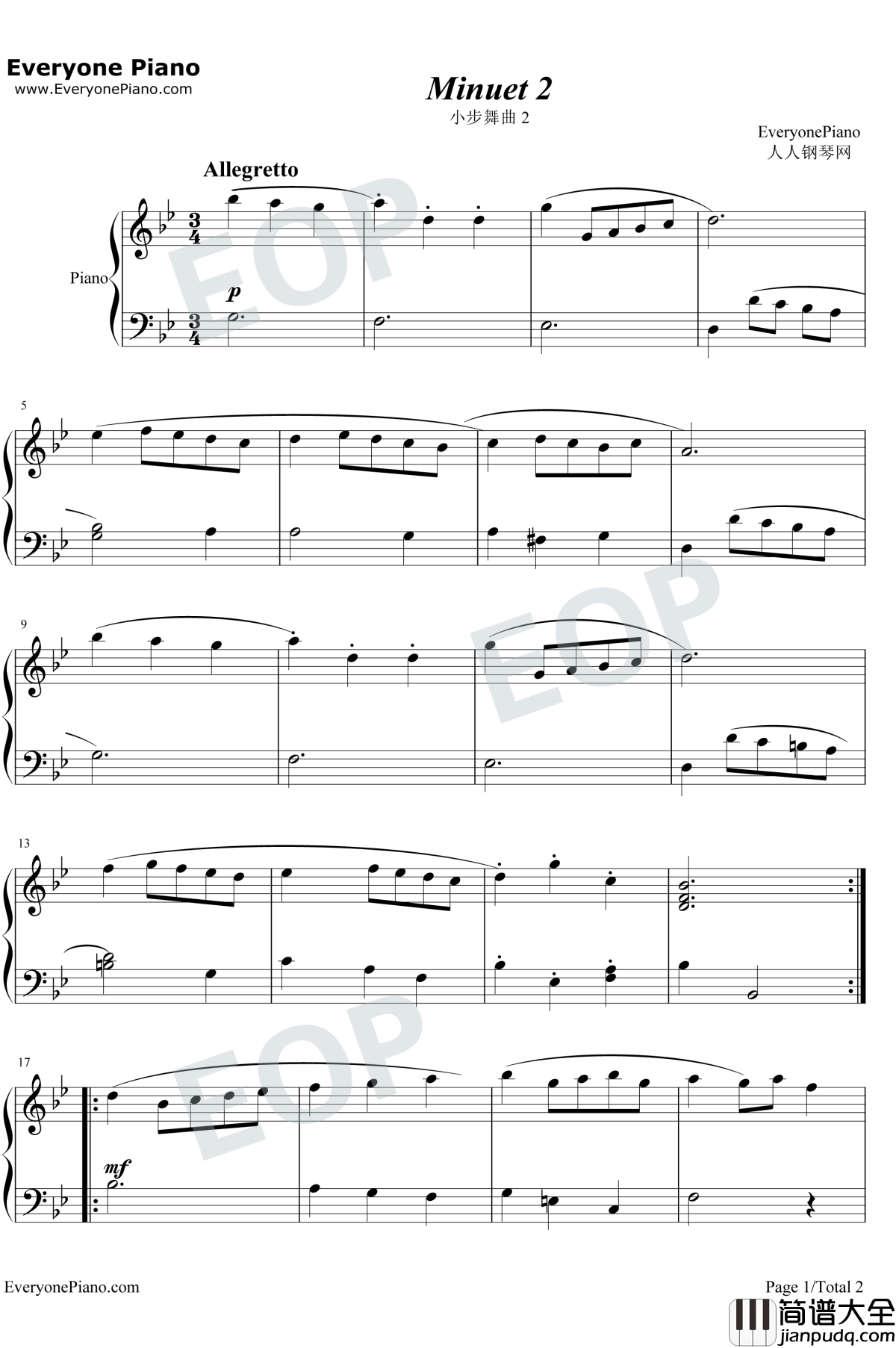 小步舞曲2钢琴谱_巴赫