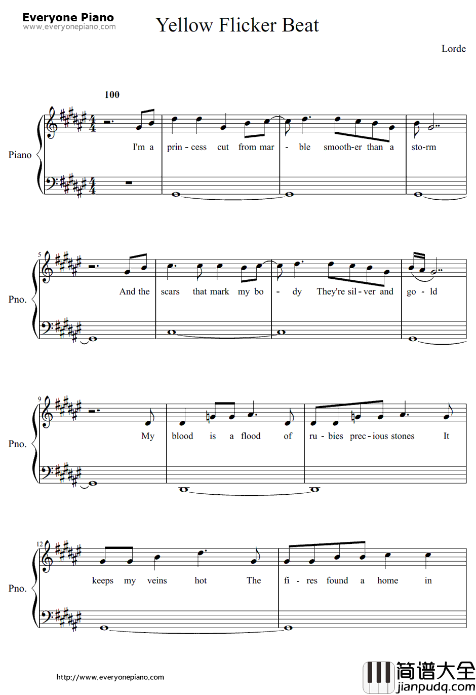 Yellow_Flicker_Beat钢琴谱_Lorde_饥饿游戏3:嘲笑鸟(上)主题曲