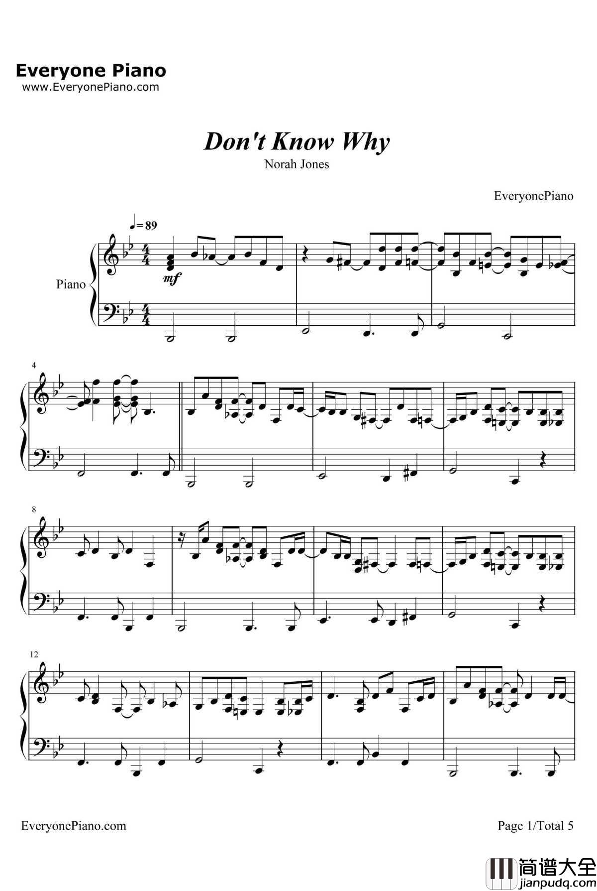 Don't_Know_Why钢琴谱_NorahJones 诺拉·琼斯