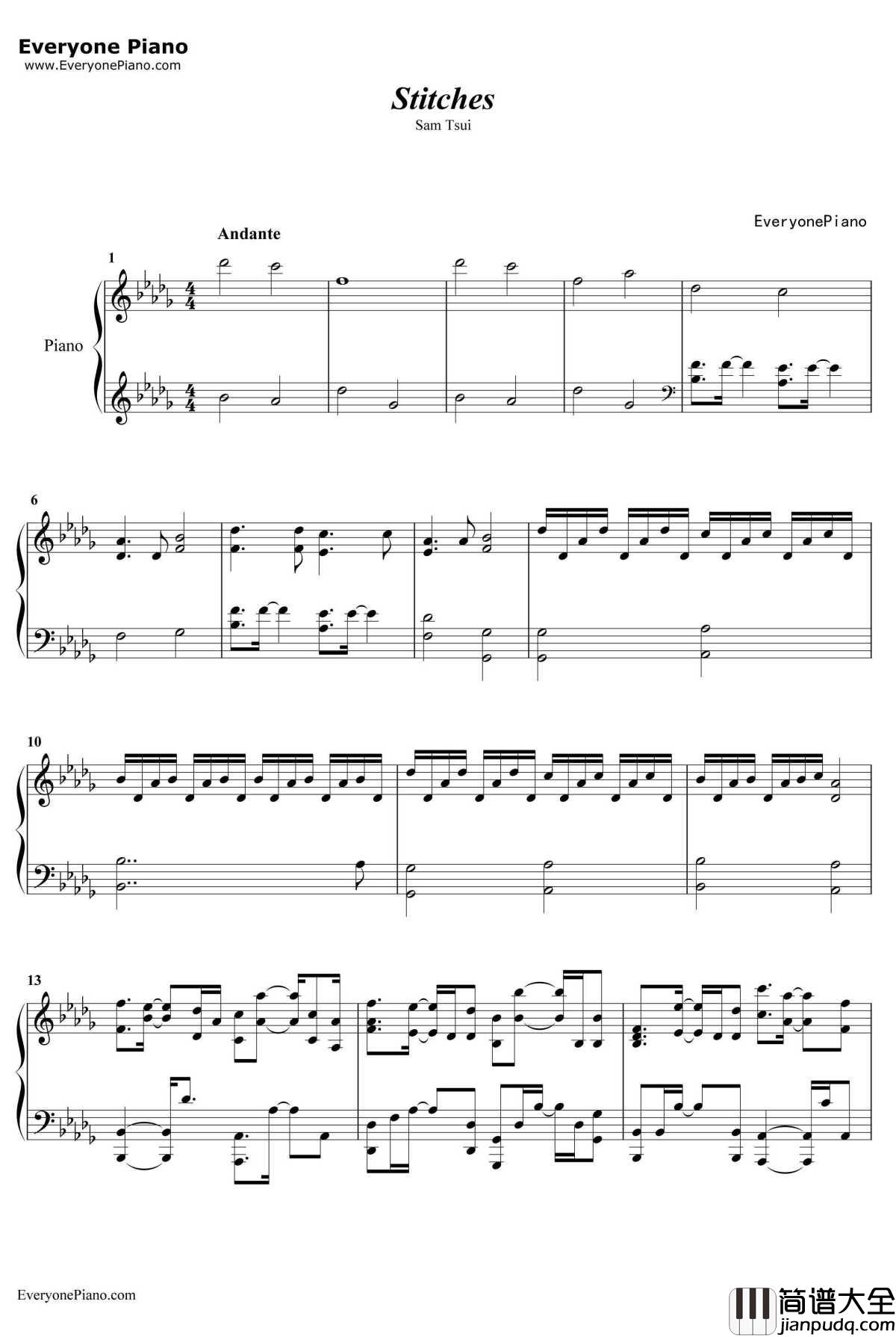 Stitches钢琴谱_SamTsui