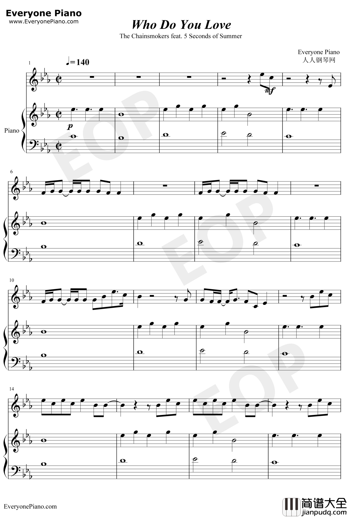 Who_Do_You_Love钢琴谱_The_Chainsmokers/5_Seconds_of_Summer