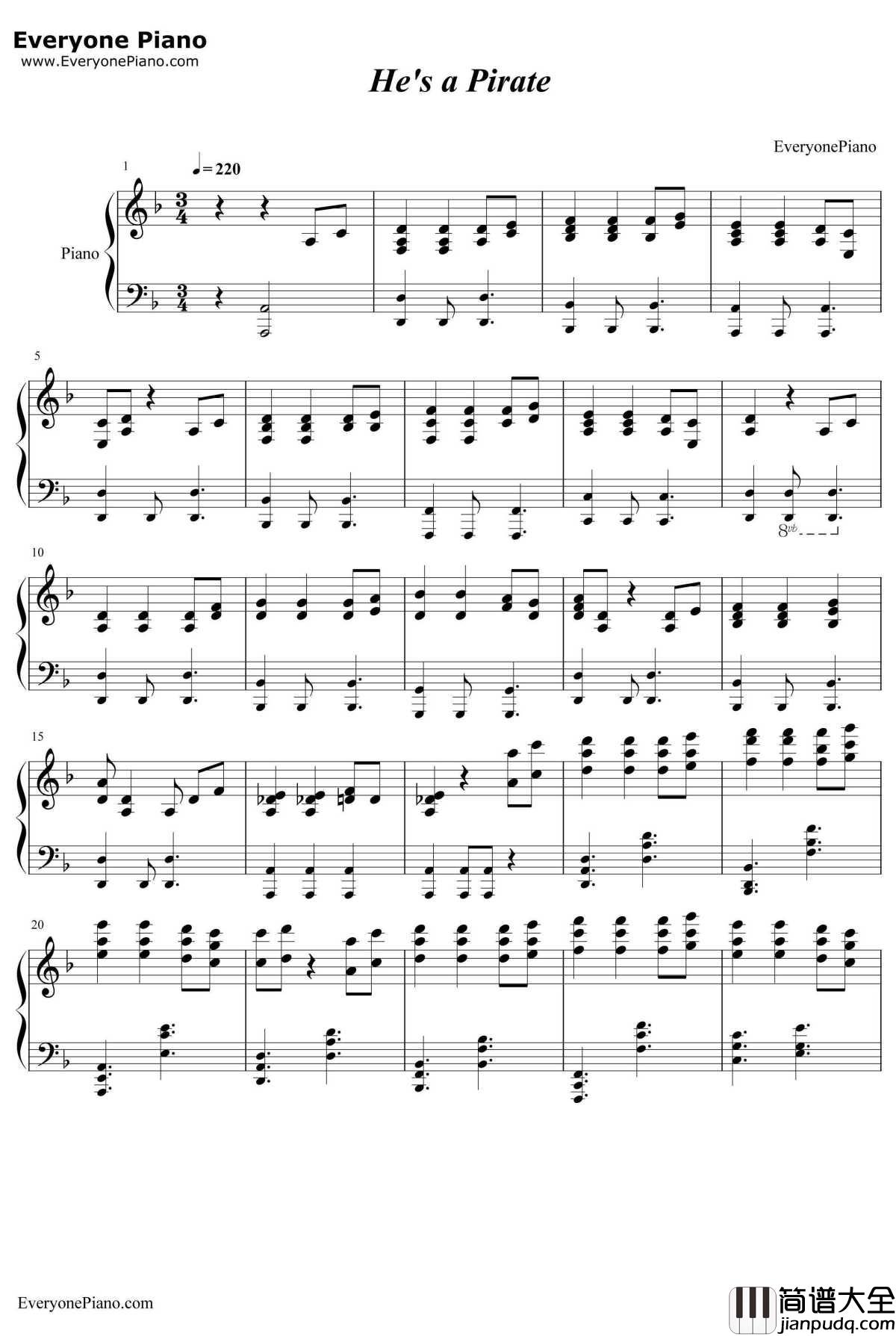 Heisa_Pirate钢琴谱_KlausBadeltHansZimmer_加勒比海盗主题曲