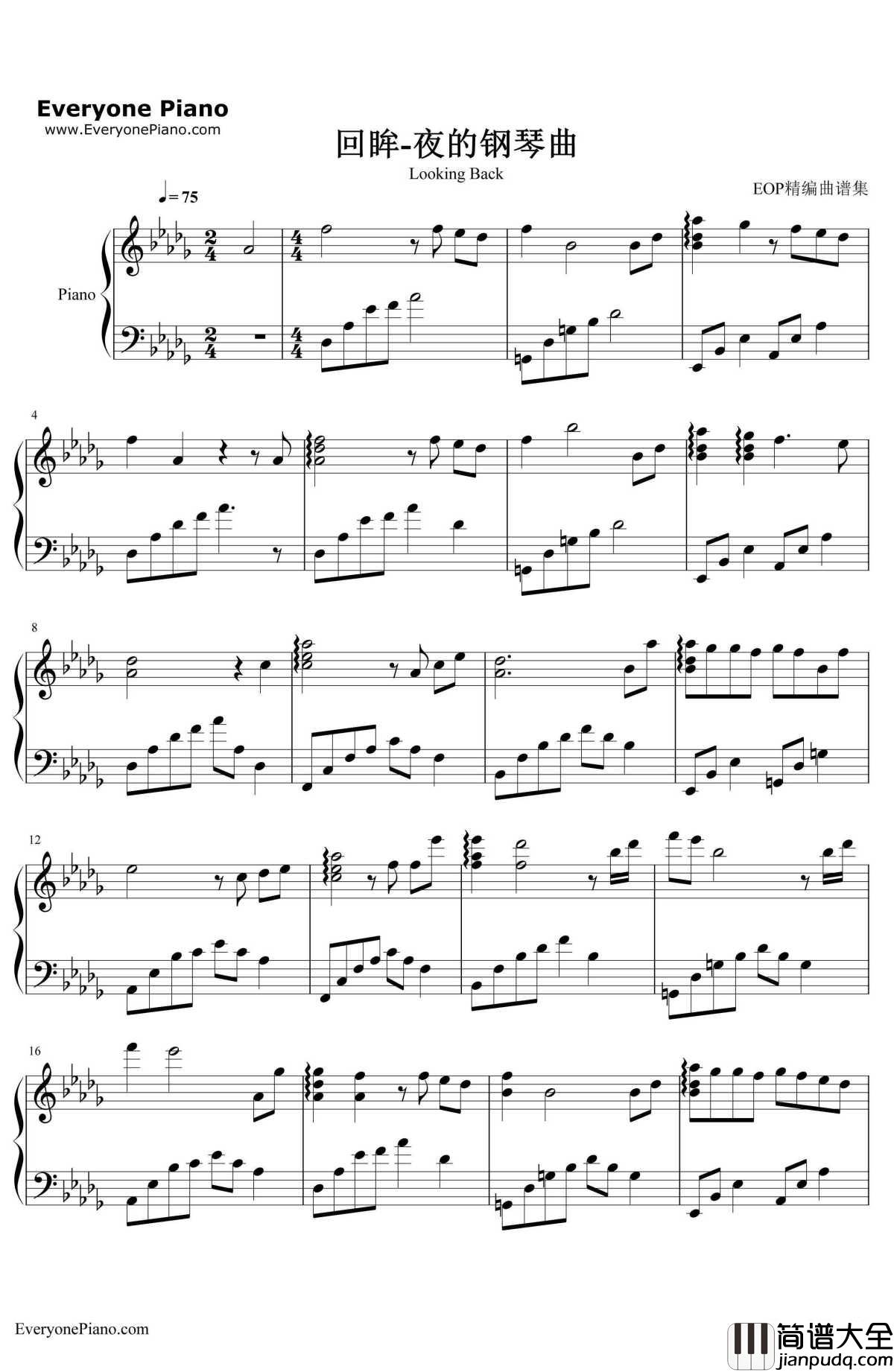 回眸钢琴谱_石进_夜的钢琴曲Ⅲ