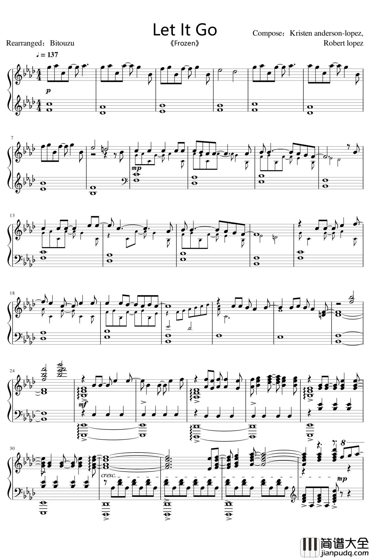 _冰雪奇缘_主题曲钢琴谱_Let_It_Go_还原度95%编配_Bit改编_冰雪奇缘