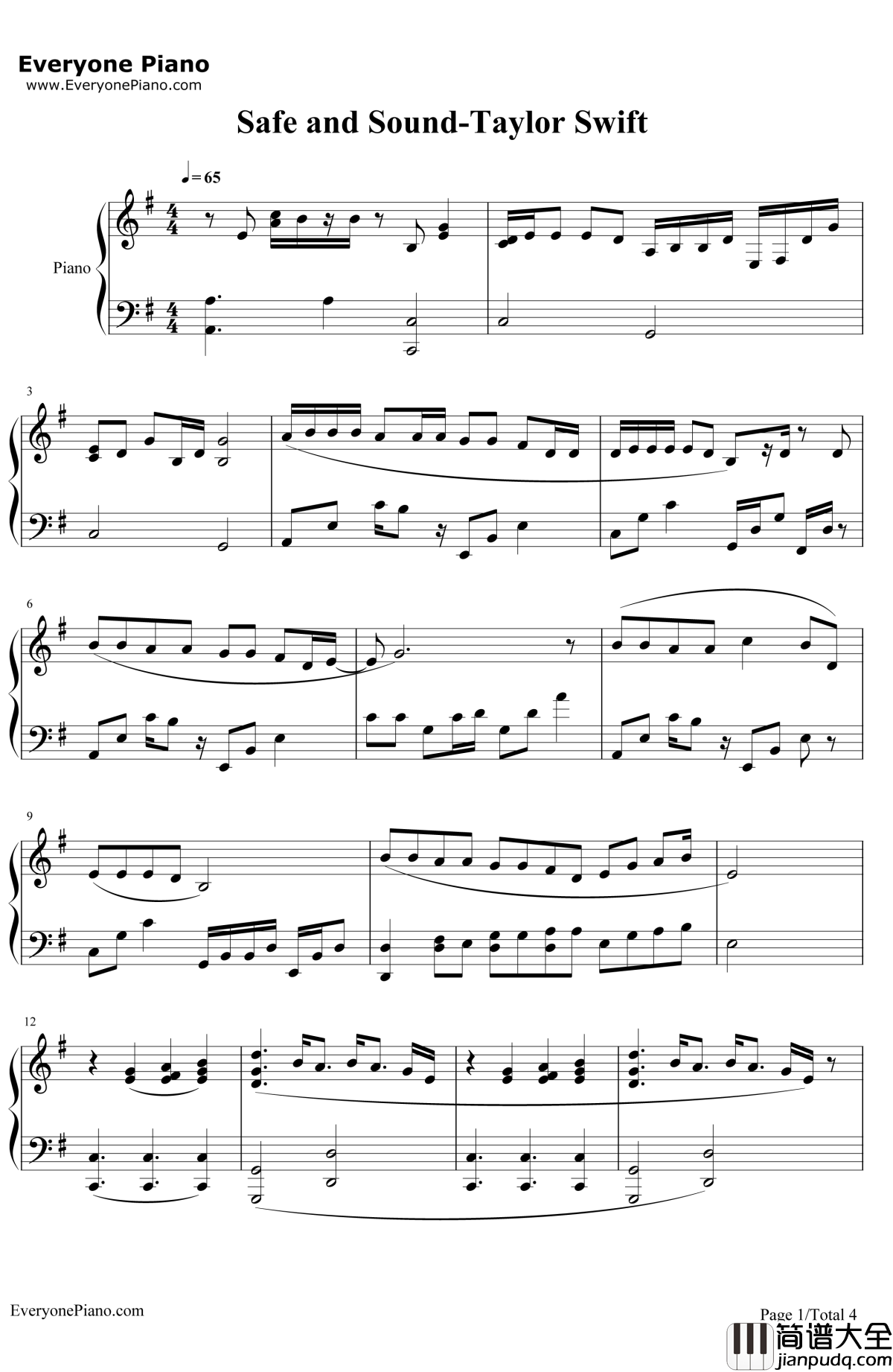 SafeandSound(安然无恙TaylorSwift)钢琴谱_TaylorSwift泰勒·斯威夫特_SafeandSound(安然无恙TaylorSwift)