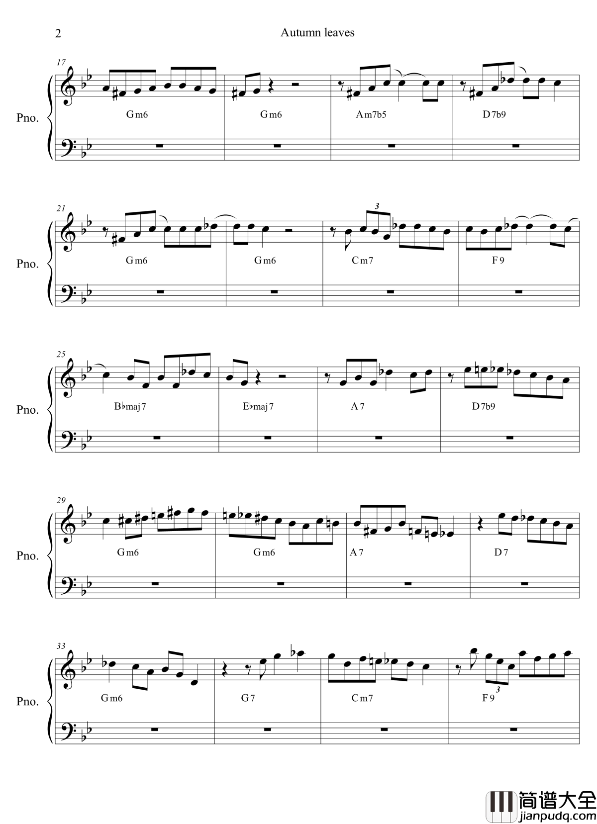autumn_leaves钢琴谱_solo_Bill_evans
