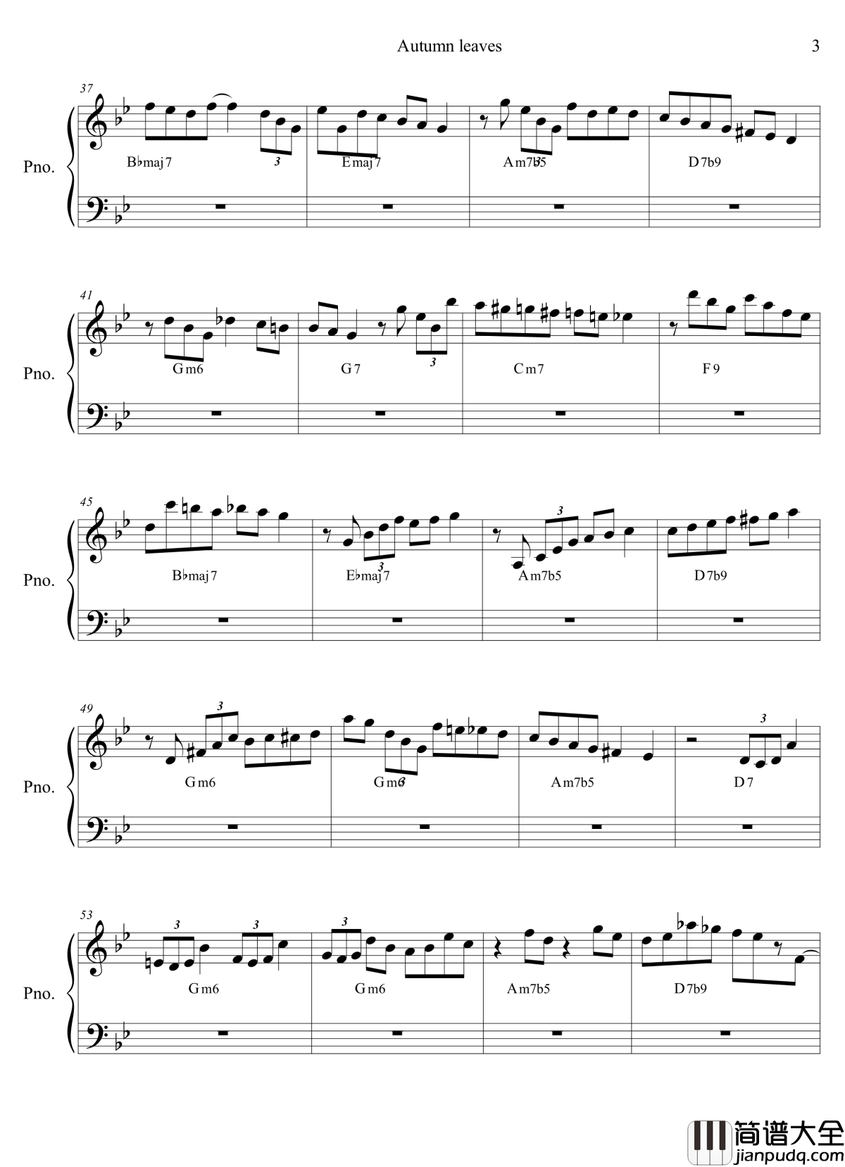 autumn_leaves钢琴谱_solo_Bill_evans