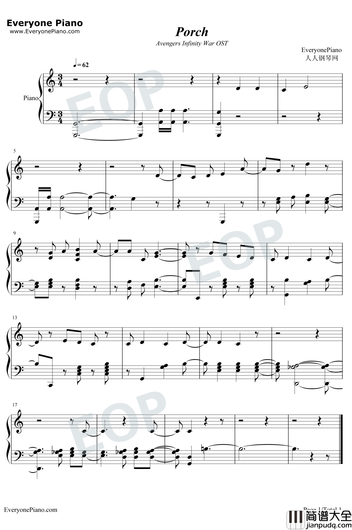Porch钢琴谱_Alan_Silvestri_复仇者联盟3无限战争OST