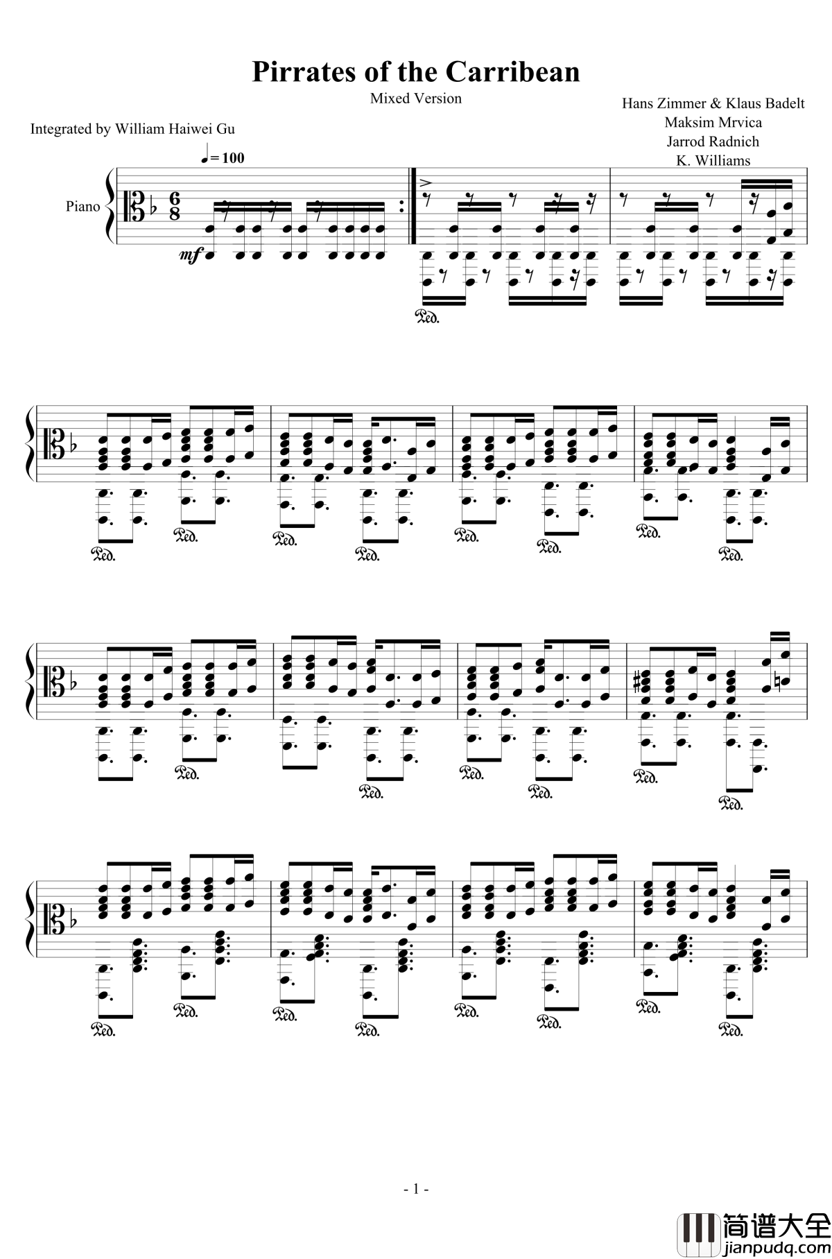 加勒比海盗钢琴谱_混合版_Hans_Zimmer