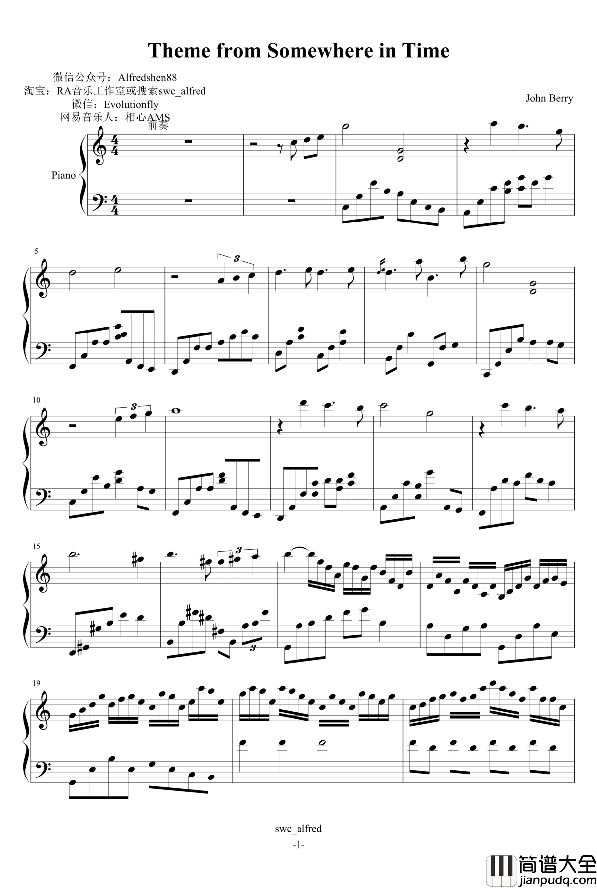 Theme_from_Somewhere_in_Time钢琴谱_John_Barry