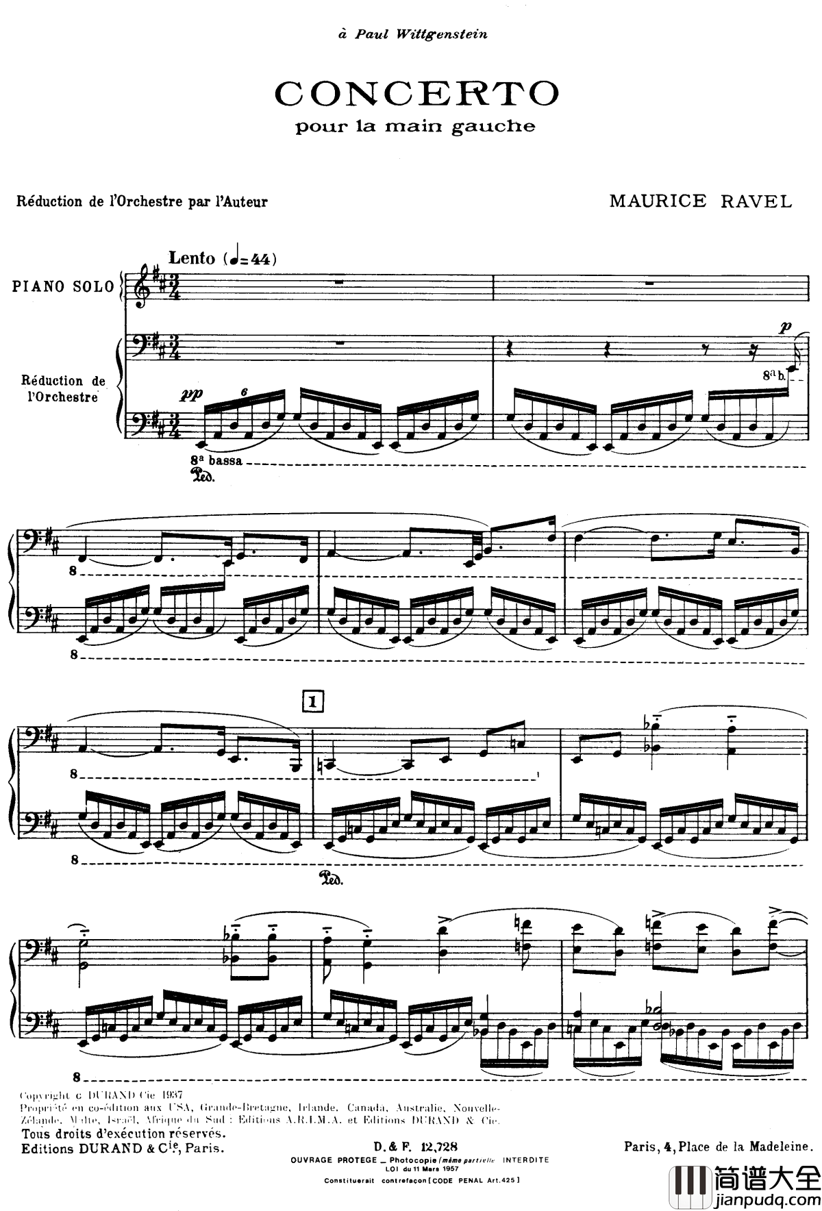 左手钢琴协奏曲钢琴谱_拉威尔_Ravel