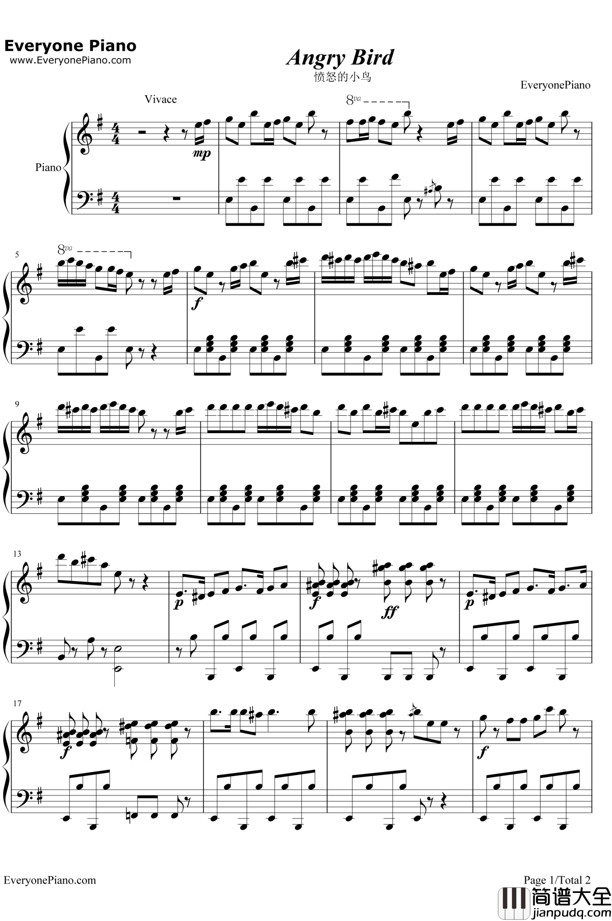 愤怒的小鸟背景音乐钢琴谱_未知_AngryBirdsThemeMusic