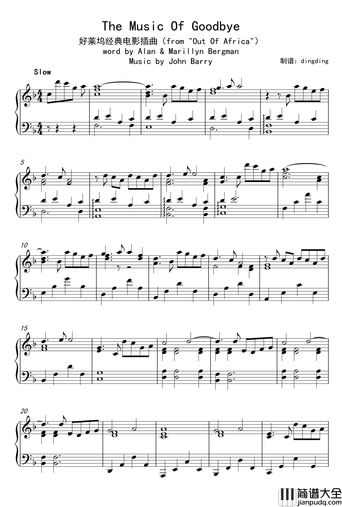 The_Music_Of_Goodbye钢琴谱_好莱坞电影插曲_John_Barry